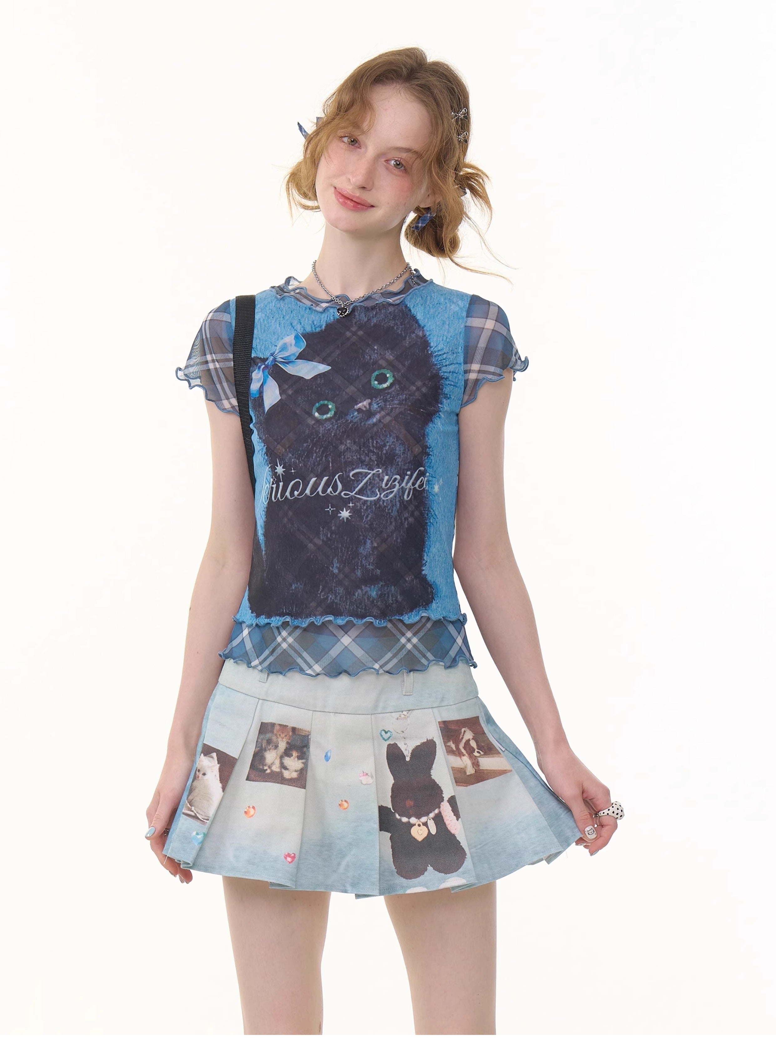 Girly Cat Print Mesh Layered T-Shirt - ziziFei by Land Decora