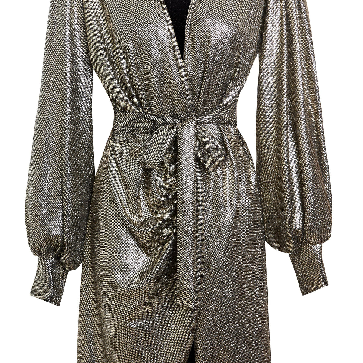 Gold Sequin Wrap Dress – Plunging Neckline & Puff Sleeves By Sarvin by Sarvin