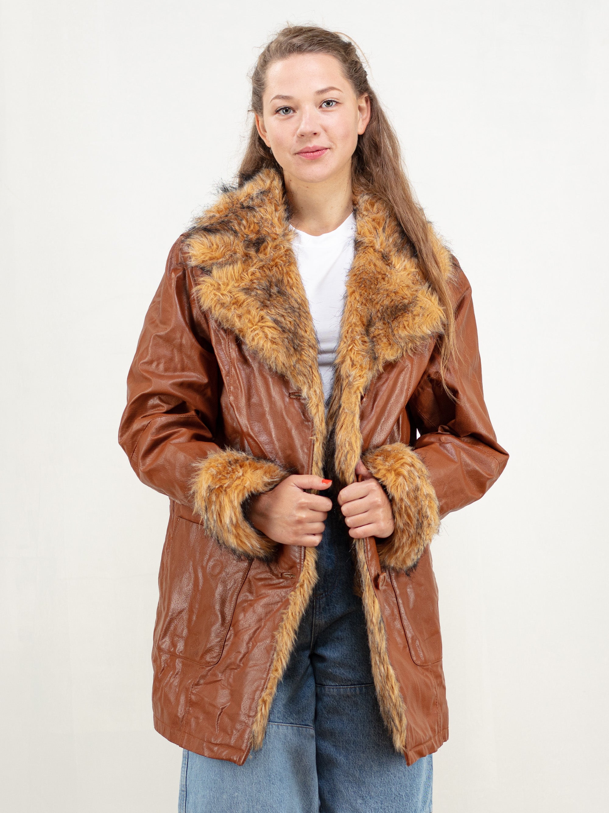 Vintage 80s Women Faux Fur Leather Coat by Northern Grip