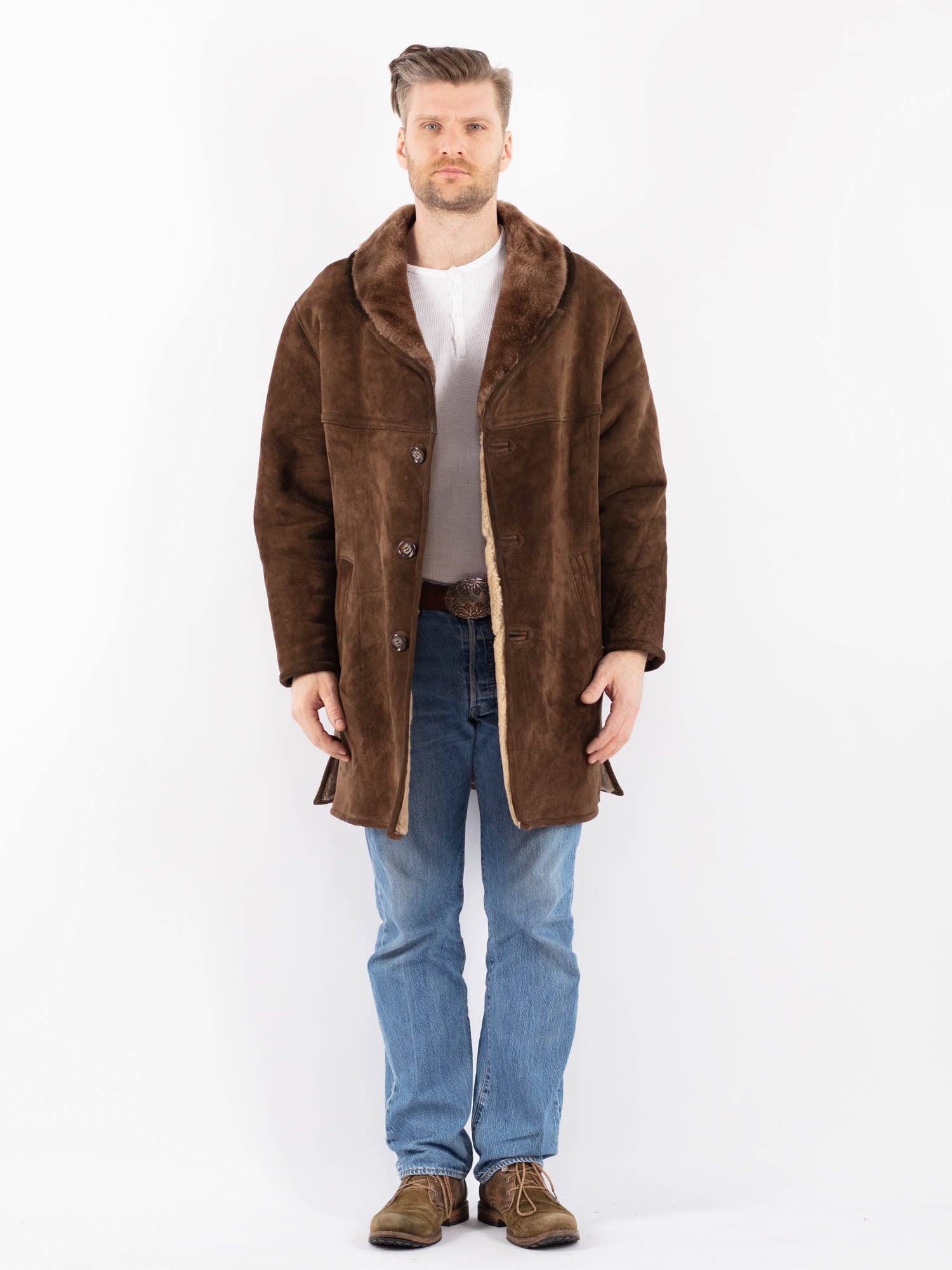 Vintage 70's Men Sheepskin Coat in Brown by Northern Grip
