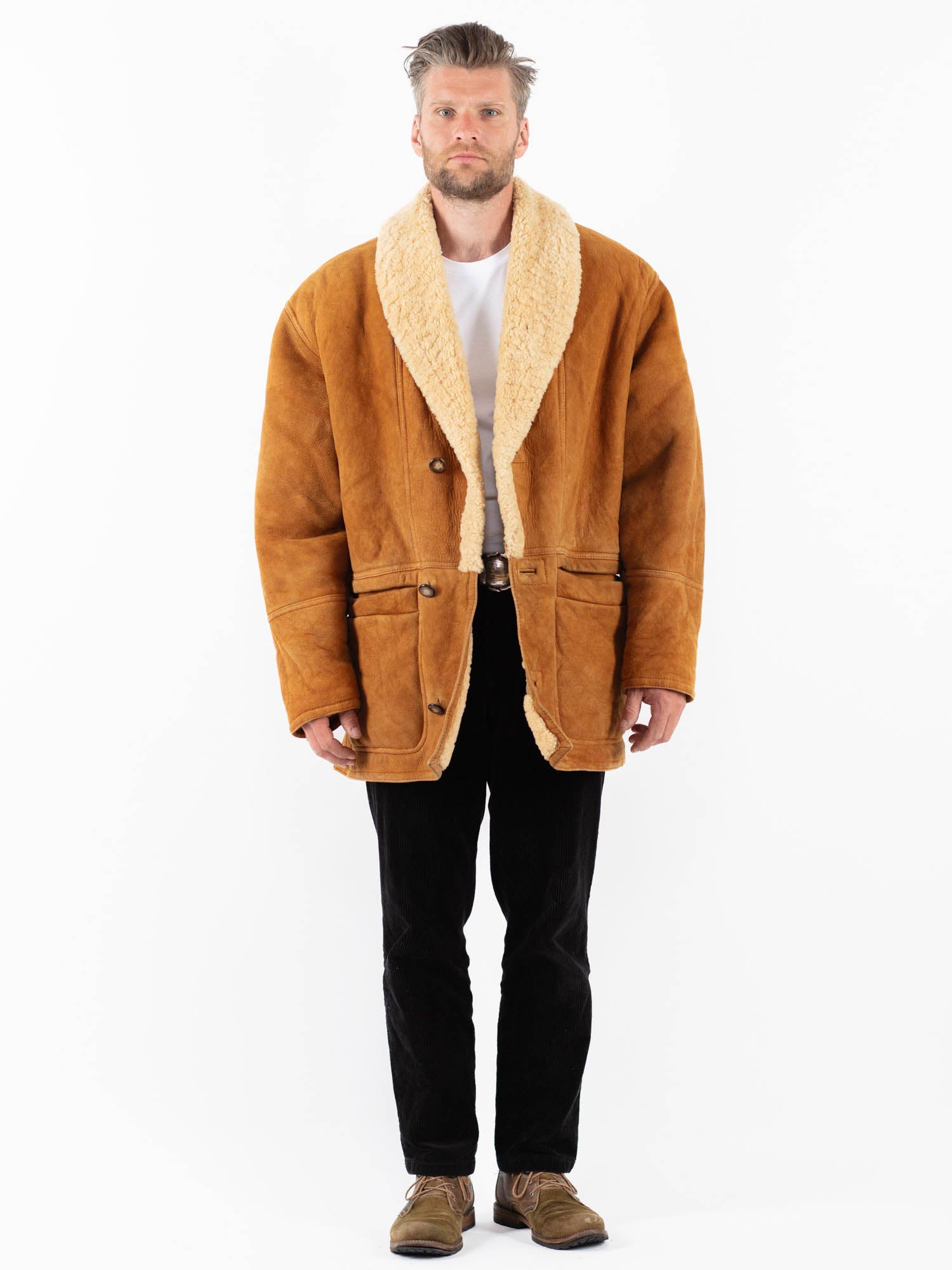 Vintage 80's Men Sheepskin Coat in Brown by Northern Grip