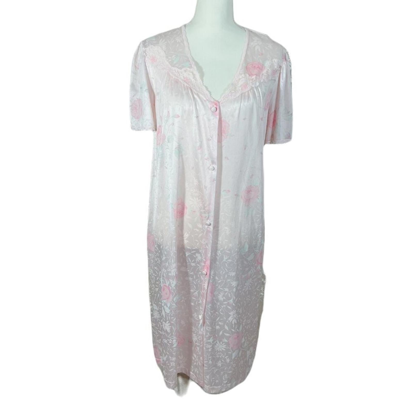 Vintage Vanity Fair Light Pink Floral Button Up Night Dress Coquette S by Hot Girl Secondhand