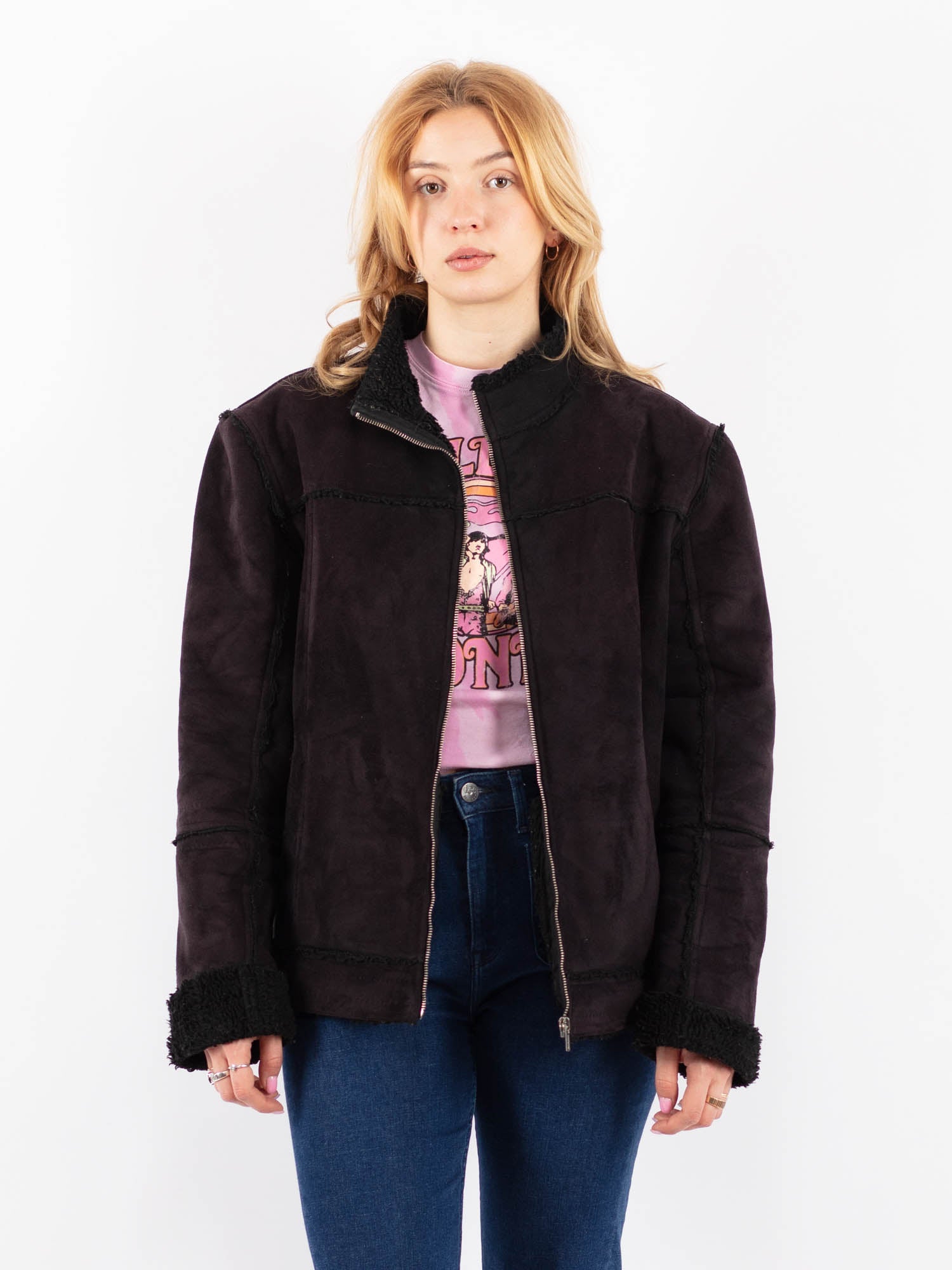 Vintage 90's Women Faux Sheepskin Jacket in Black by Northern Grip