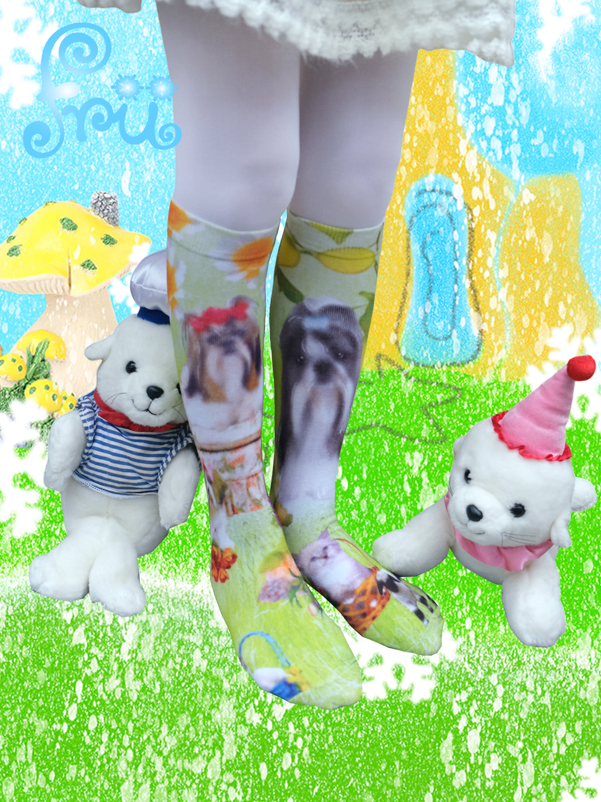 frufru Winter Dog Print Socks | Versatile Green Cute Mid-Calf Socks by Land Decora