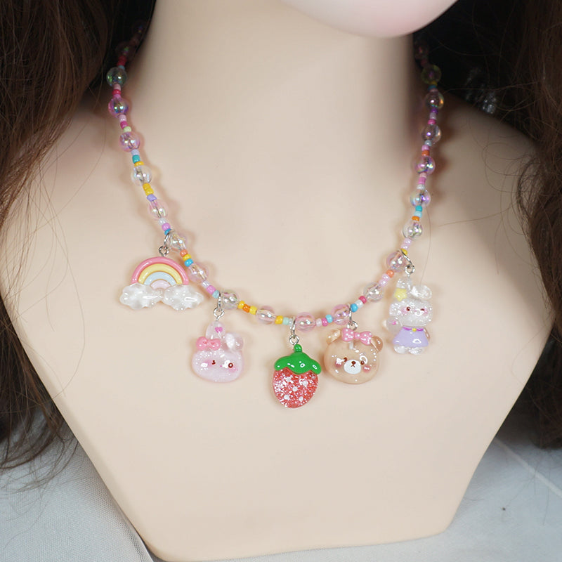 Decora Kei Strawberry Bear Bunny Beaded Necklace Kawaii - MaoJiang by Land Decora