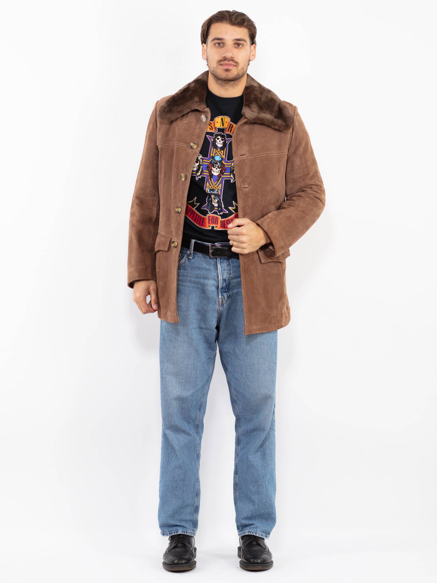 Vintage 70's Men Suede Sherpa Coat in Beige by Northern Grip