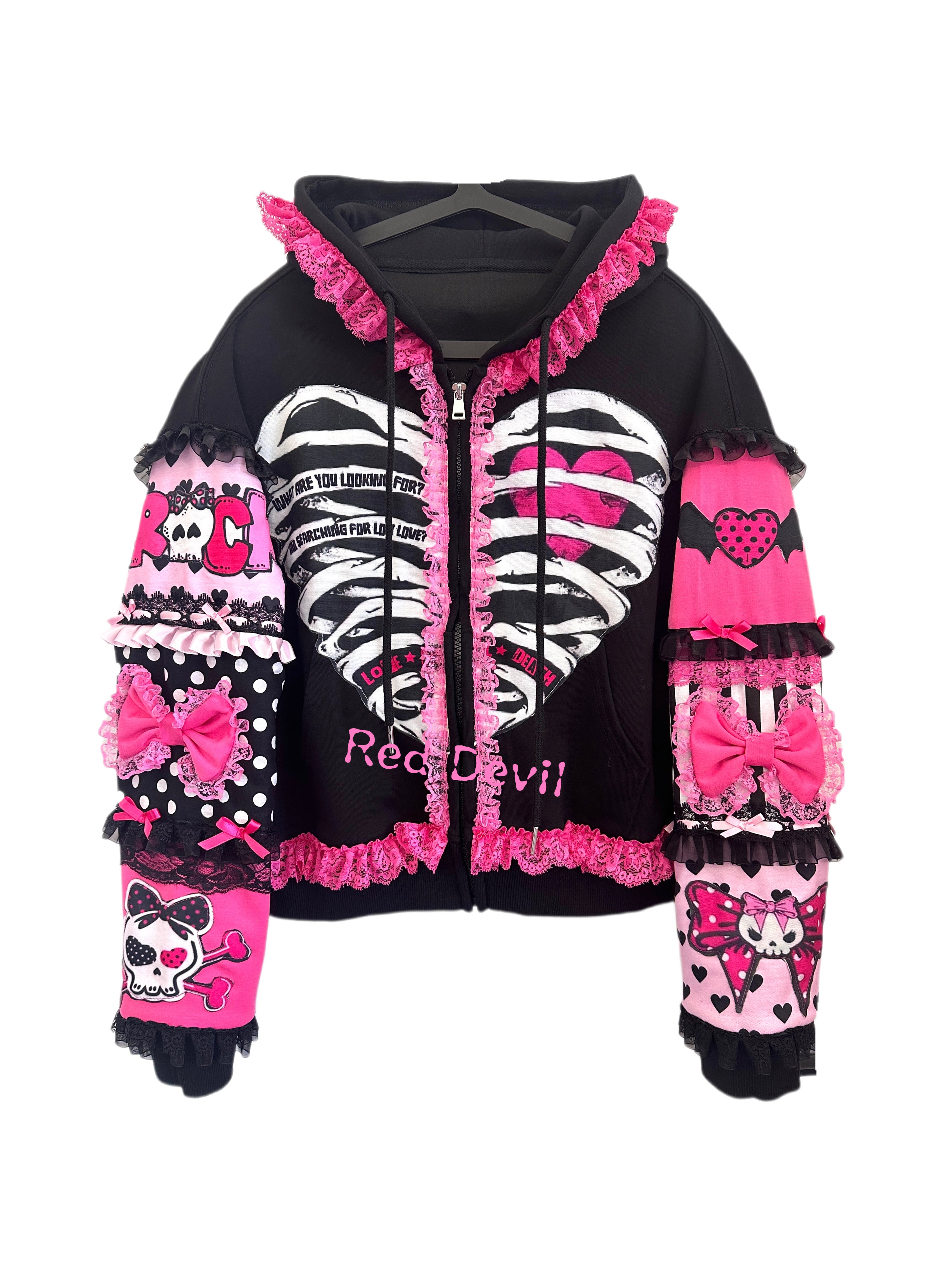 Y2K Shibuya Gyaru Black Pink Bow Patchwork Sweatshirt Handmade - Red Devil by Land Decora
