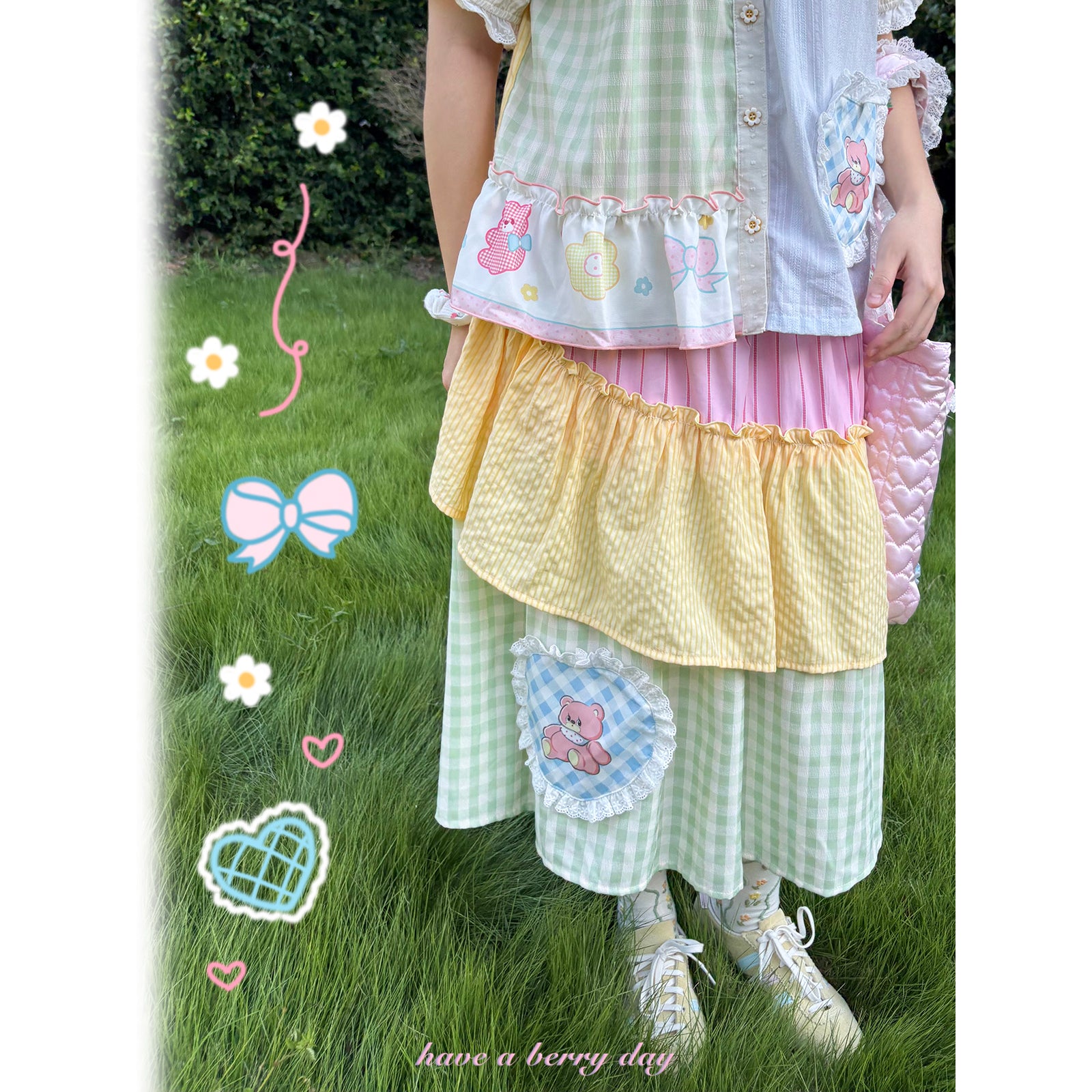 Kawaii Patchwork Heart Bear Skirt - Little Berry by Land Decora
