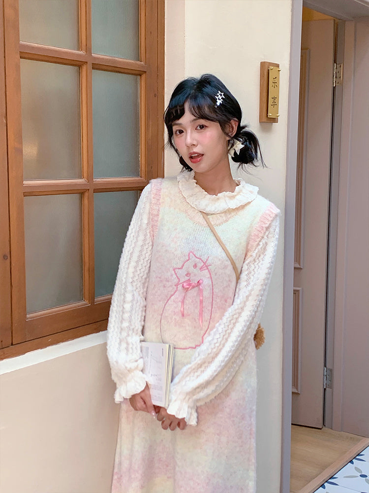 Kawaii Pink Cat Knit Sweater Dress Sleeveless Loose Long - Mameya by Land Decora