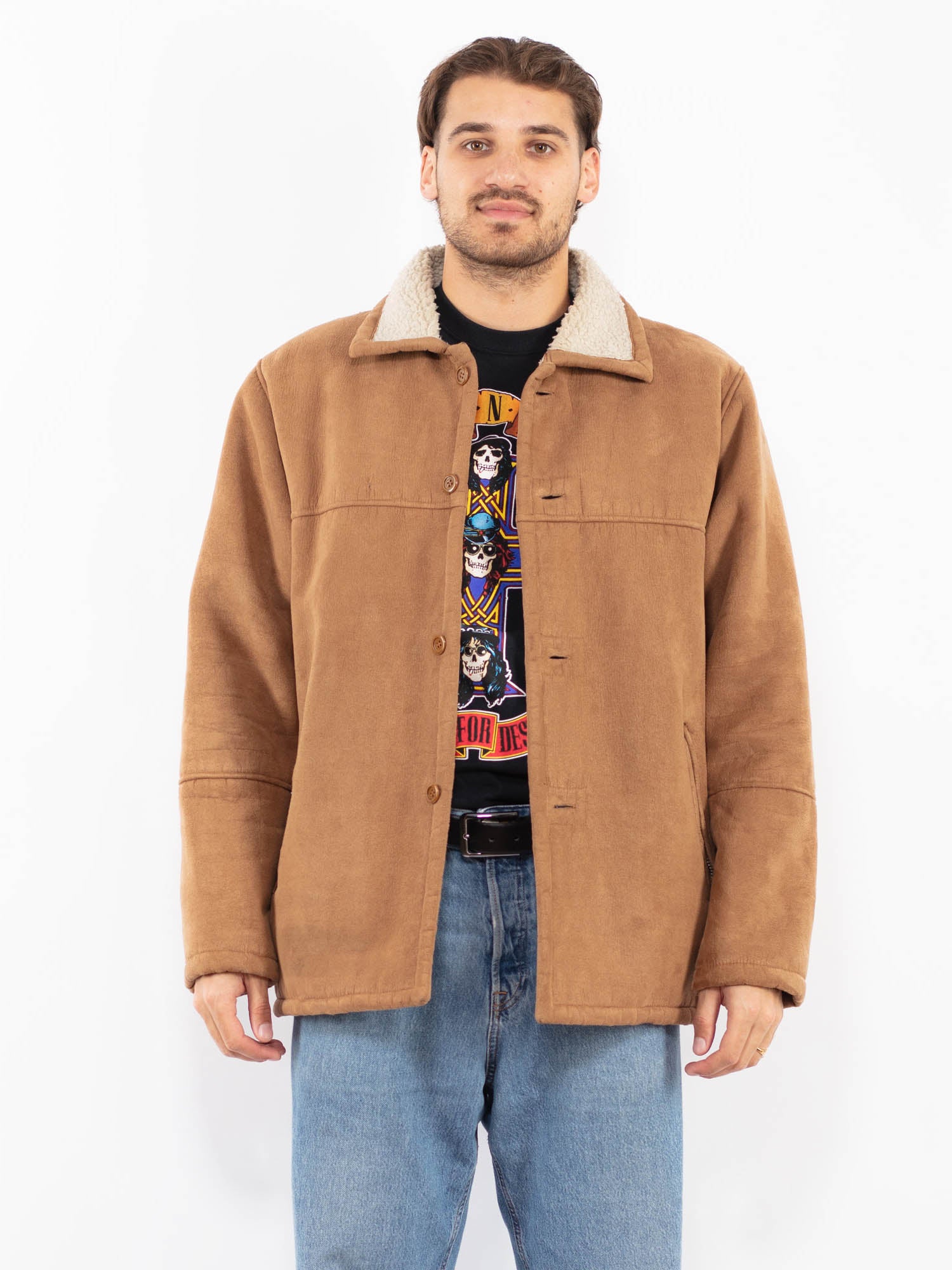 Vintage 90's Men Faux Sheepskin Coat in Brown by Northern Grip