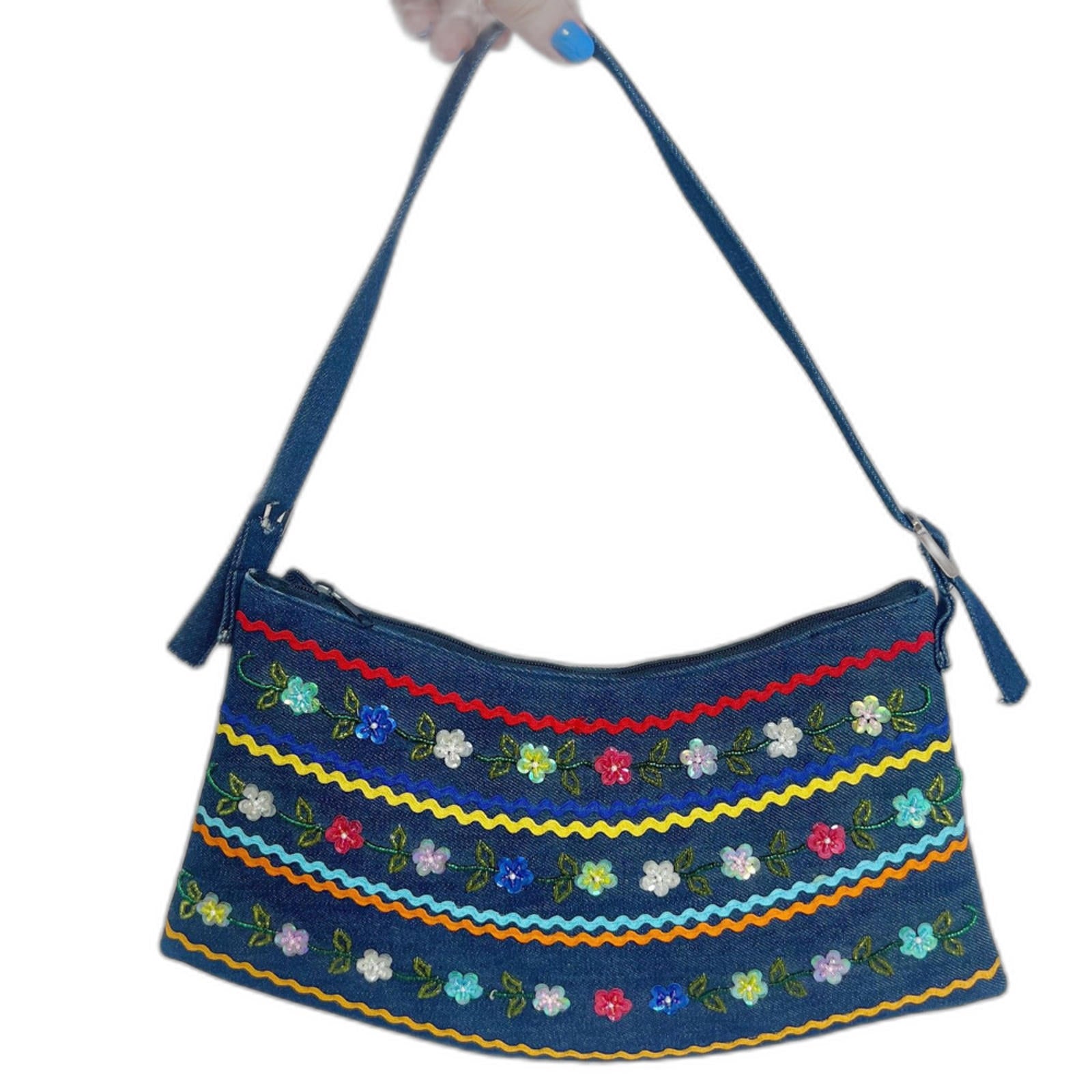 y2k Vintage Denim Floral Beaded Bead Embroidered Shoulder Bag Purse by Hot Girl Secondhand