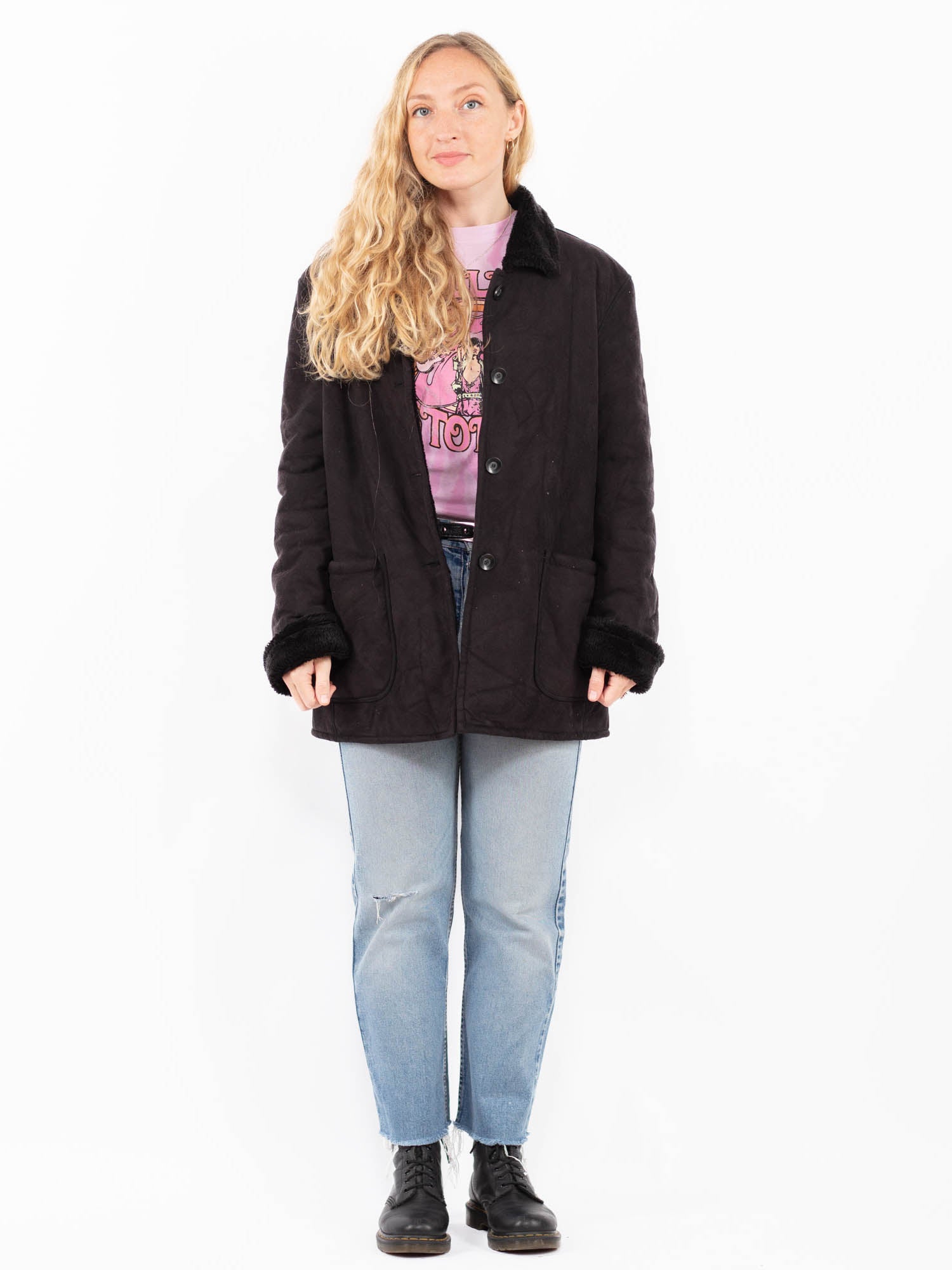 Vintage 90's Women Faux Sheepskin Coat in Black by Northern Grip
