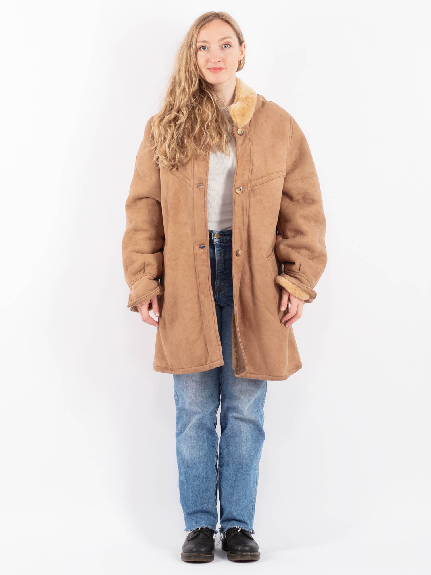 Vintage 80's Women Sheepskin Shearling Coat in Beige by Northern Grip