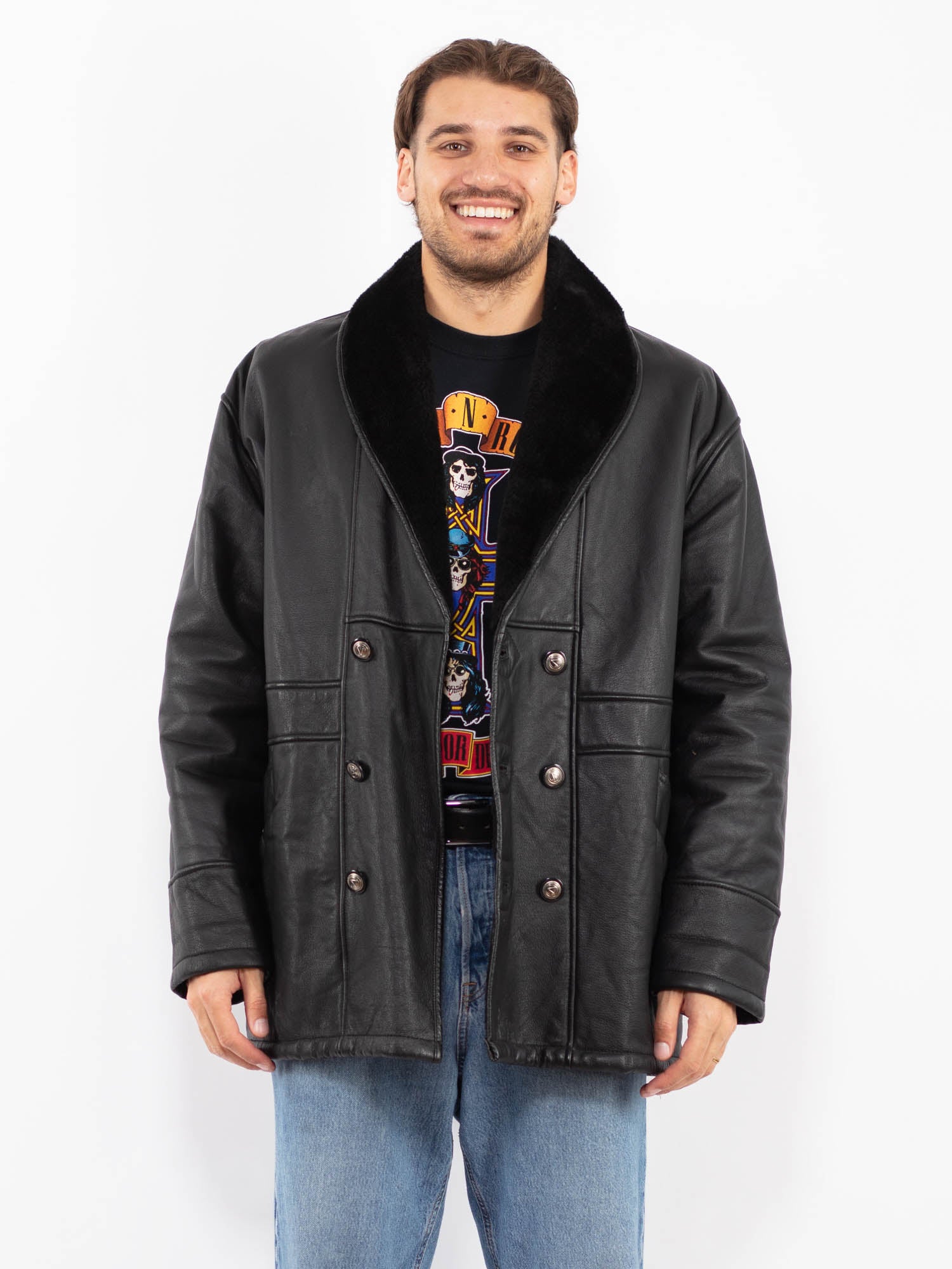 Vintage 90's Men Sherpa Lined Leather Coat in Black by Northern Grip