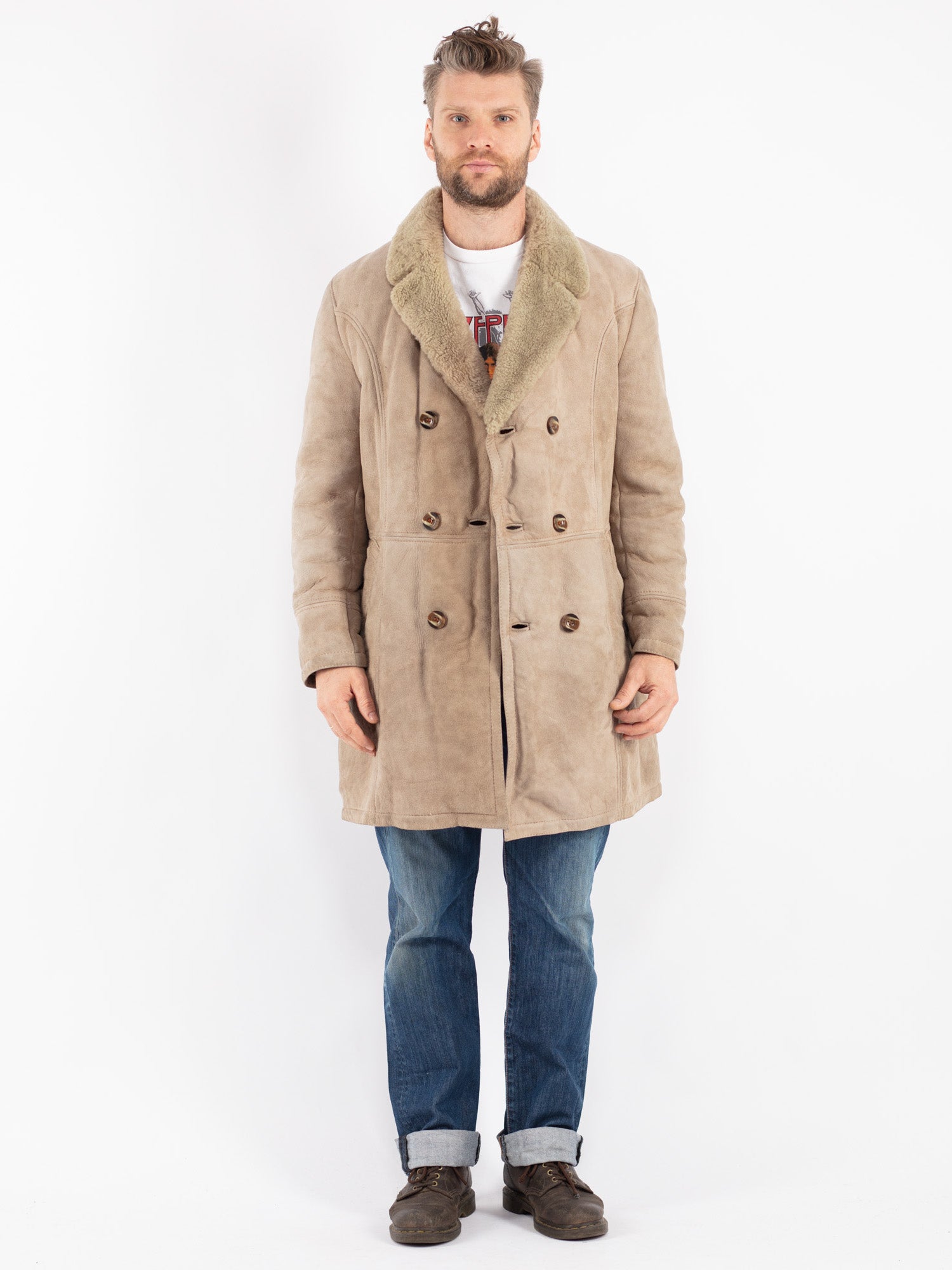 Vintage 70's Men Sheepskin Coat in Beige by Northern Grip