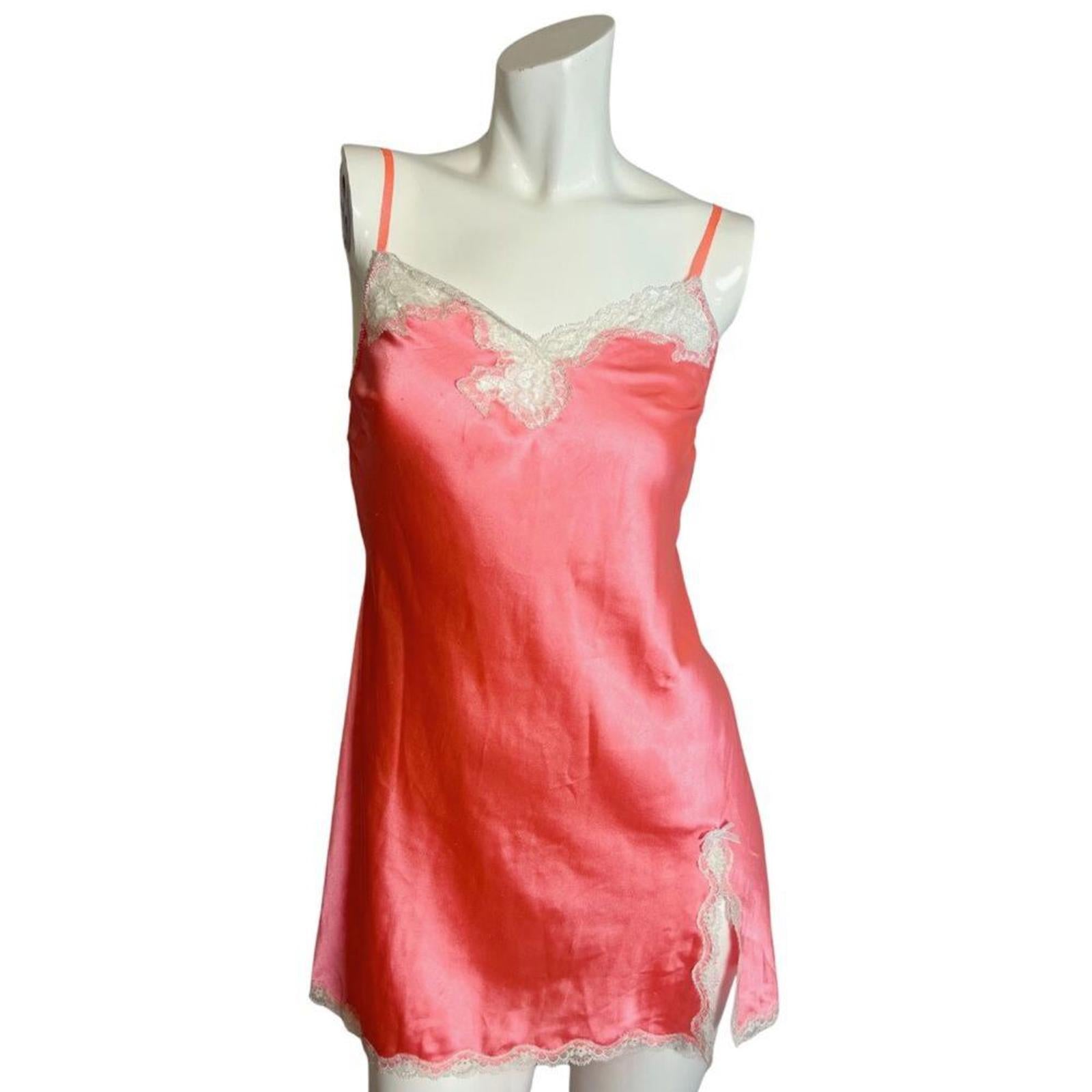 Y2K Vintage Victoria's Secret VS Neon Pink Slip Dress Lace Trim Bows S by Hot Girl Secondhand