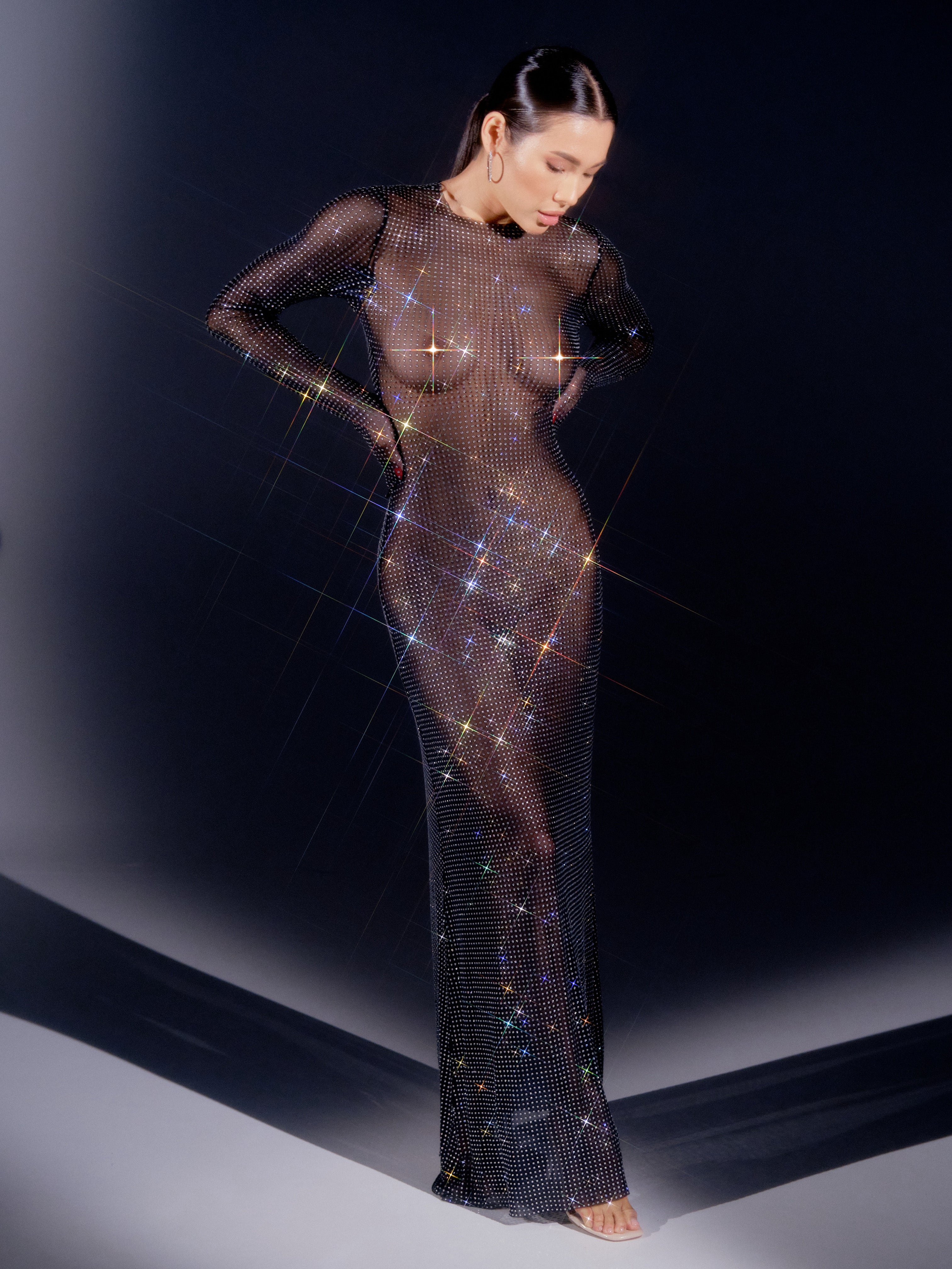 Crystal Embellished Long Sleeve Maxi Dress in Black by MERIEL
