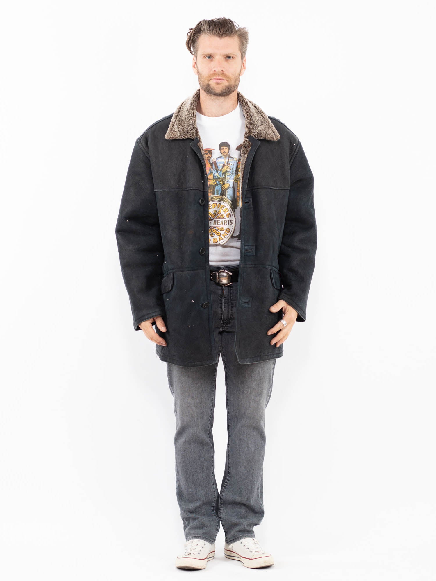 Vintage 90's Men Sheepskin Shearling Coat in Black by Northern Grip