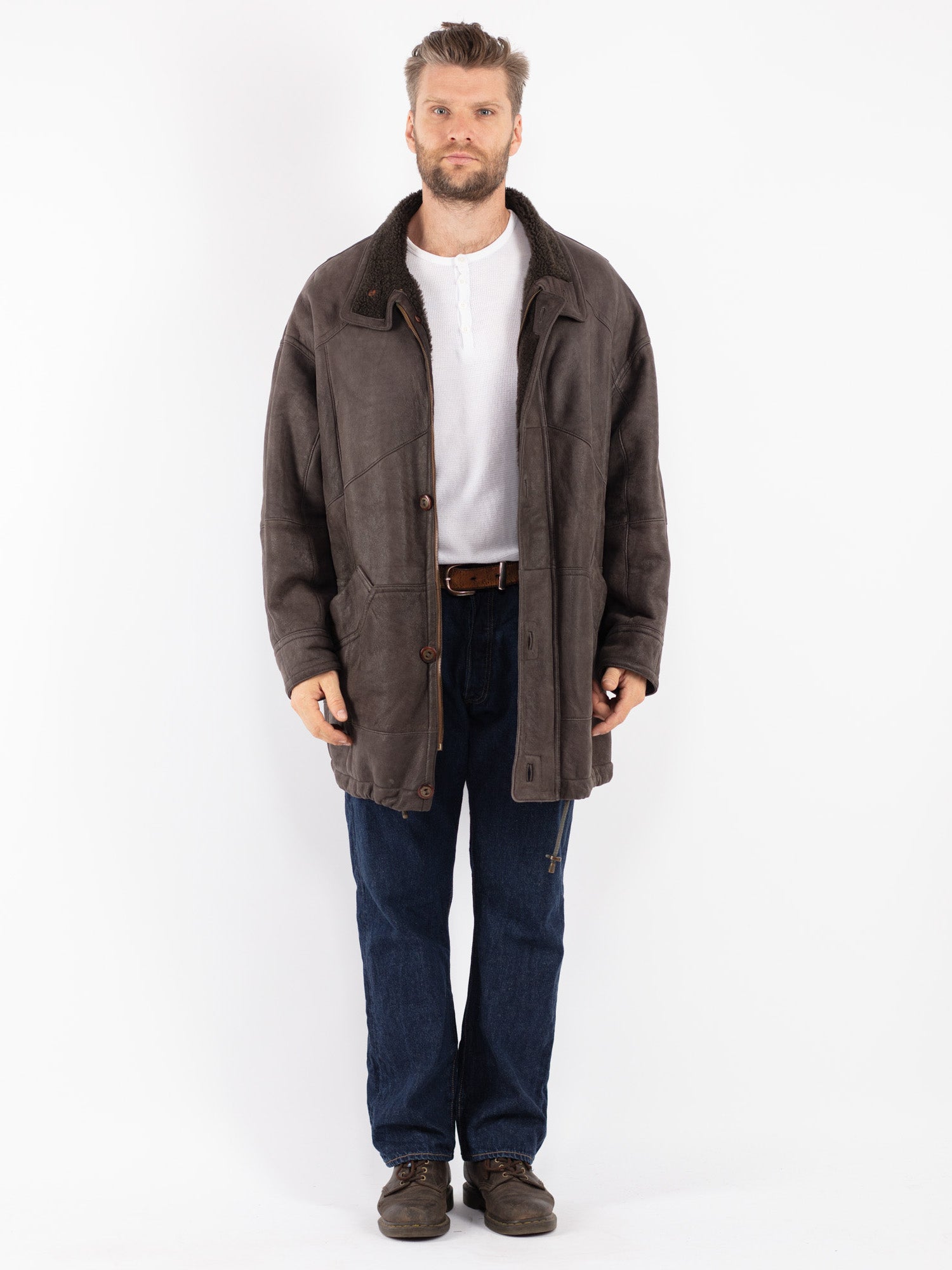 Vintage 80's Men Sheepskin Coat in Gray by Northern Grip