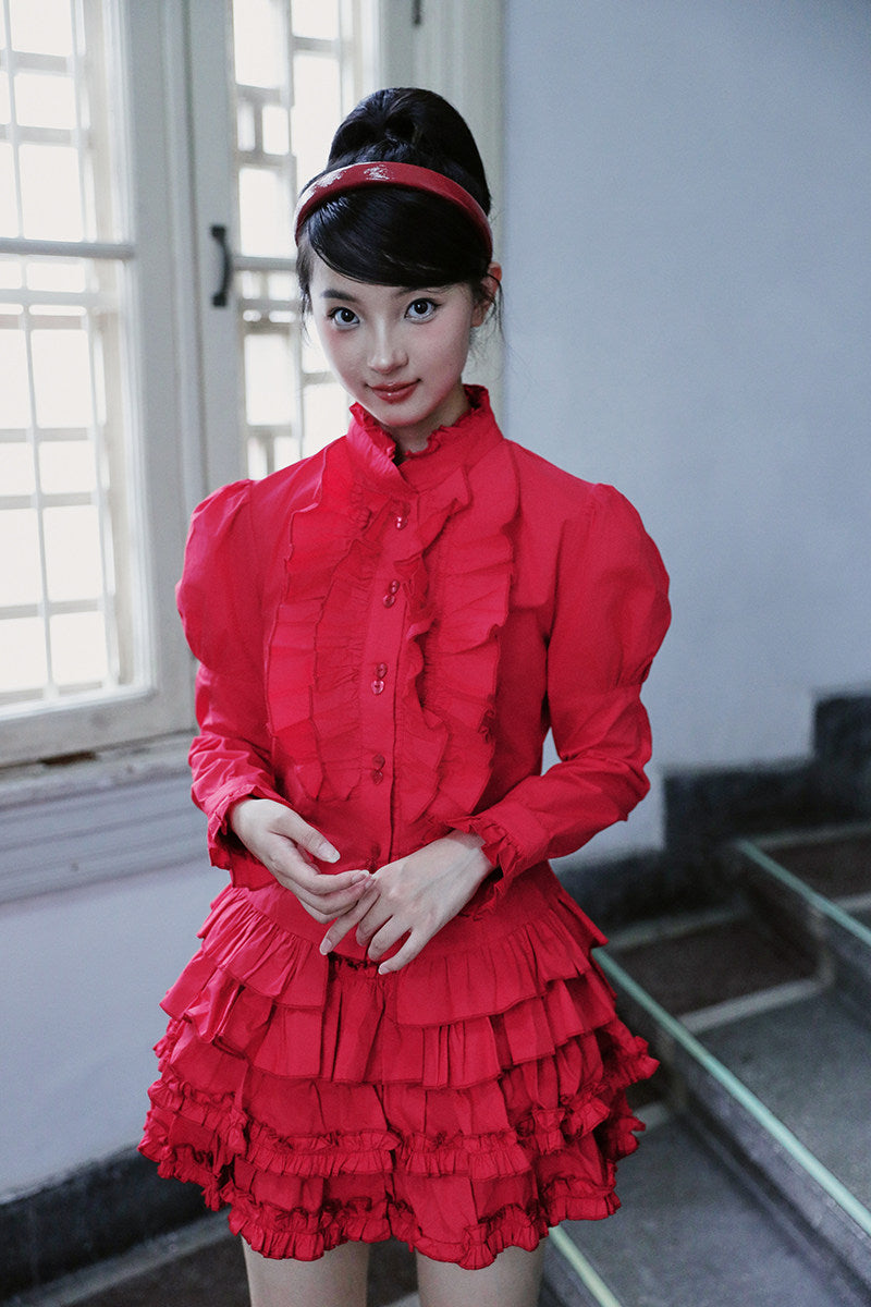 Vintage Red Lace Puff Sleeve Blouse & Cake Skirt Set - Nanjun Vintage by Land Decora