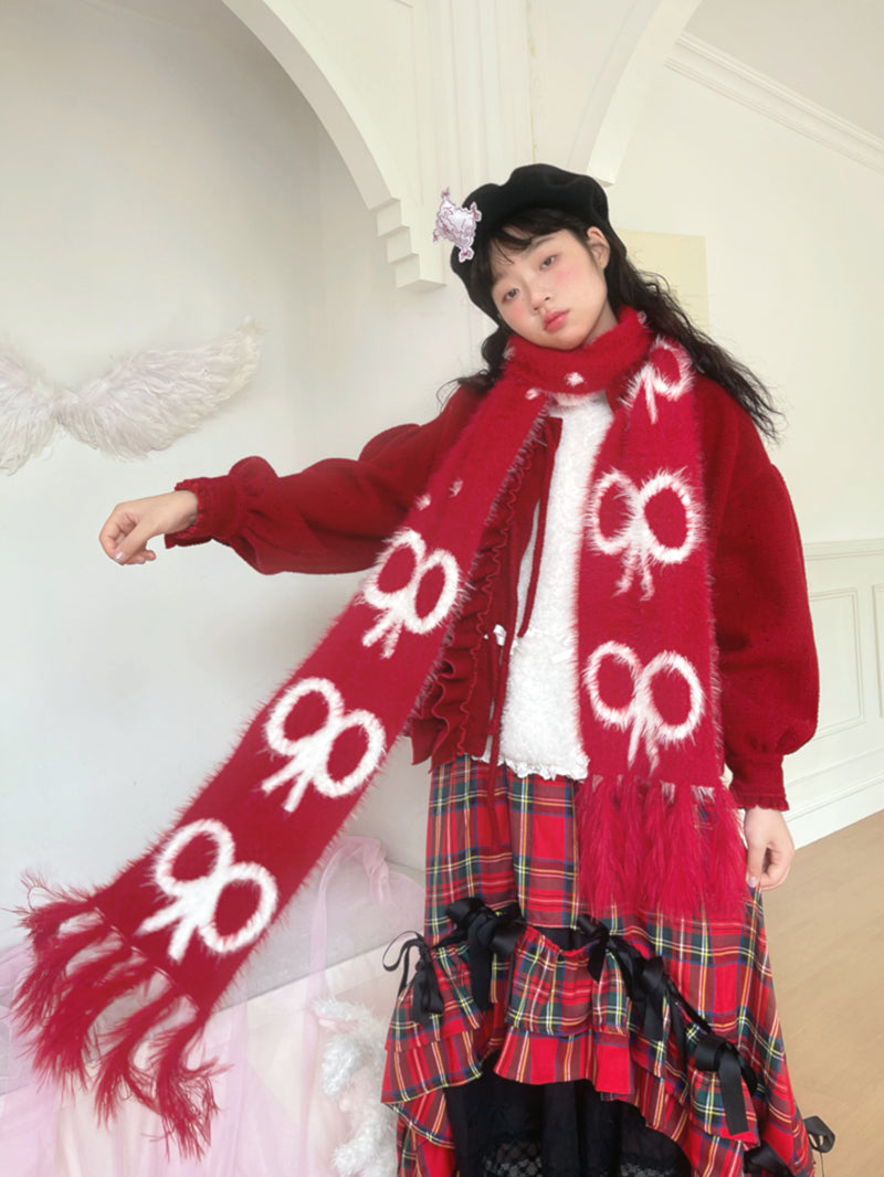Harajuku Daytoday Everyday Institute Bow Jacquard Fringe Christmas Scarf by Land Decora