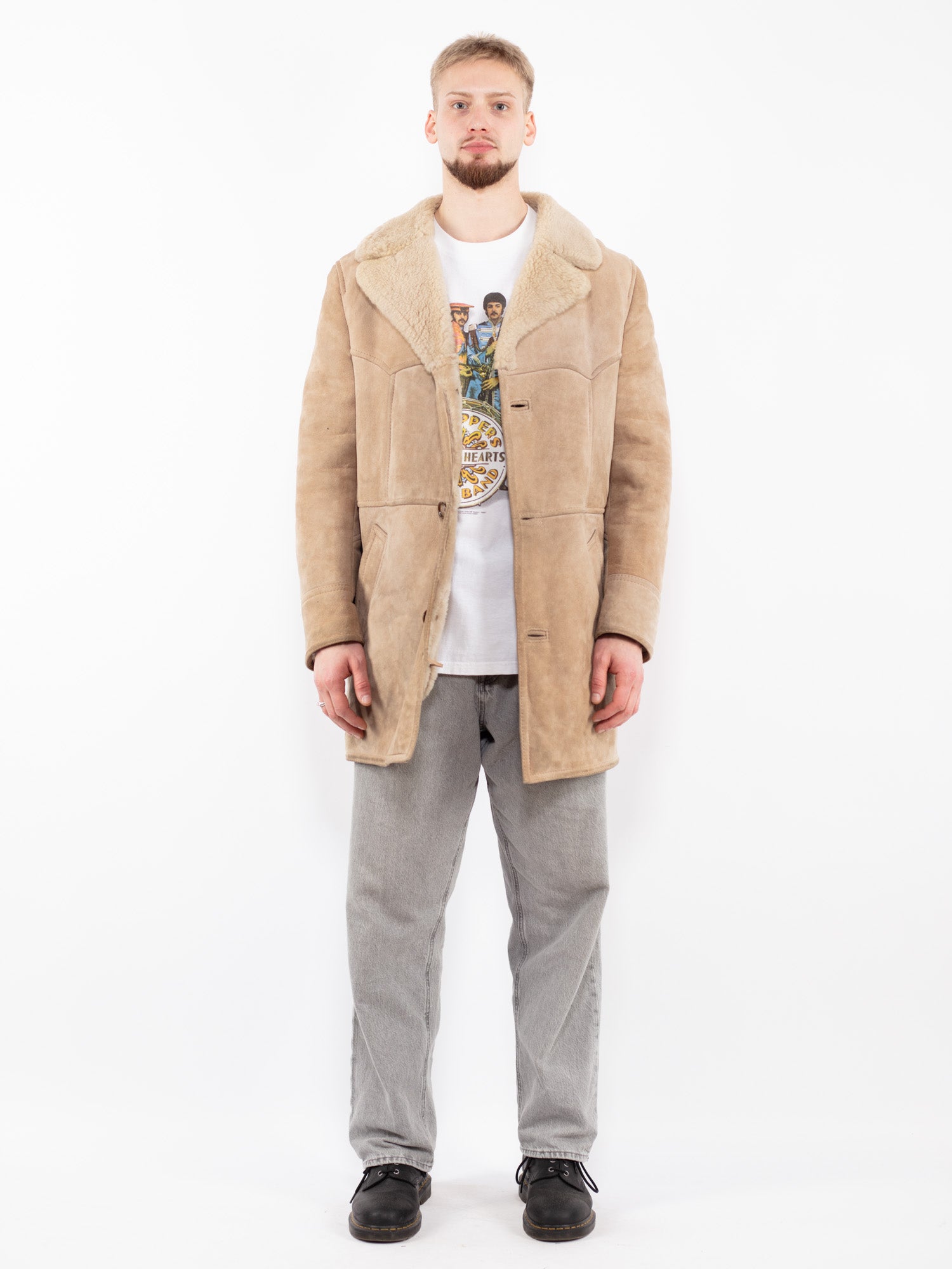 Vintage 70's Men Sheepskin Coat in Beige by Northern Grip