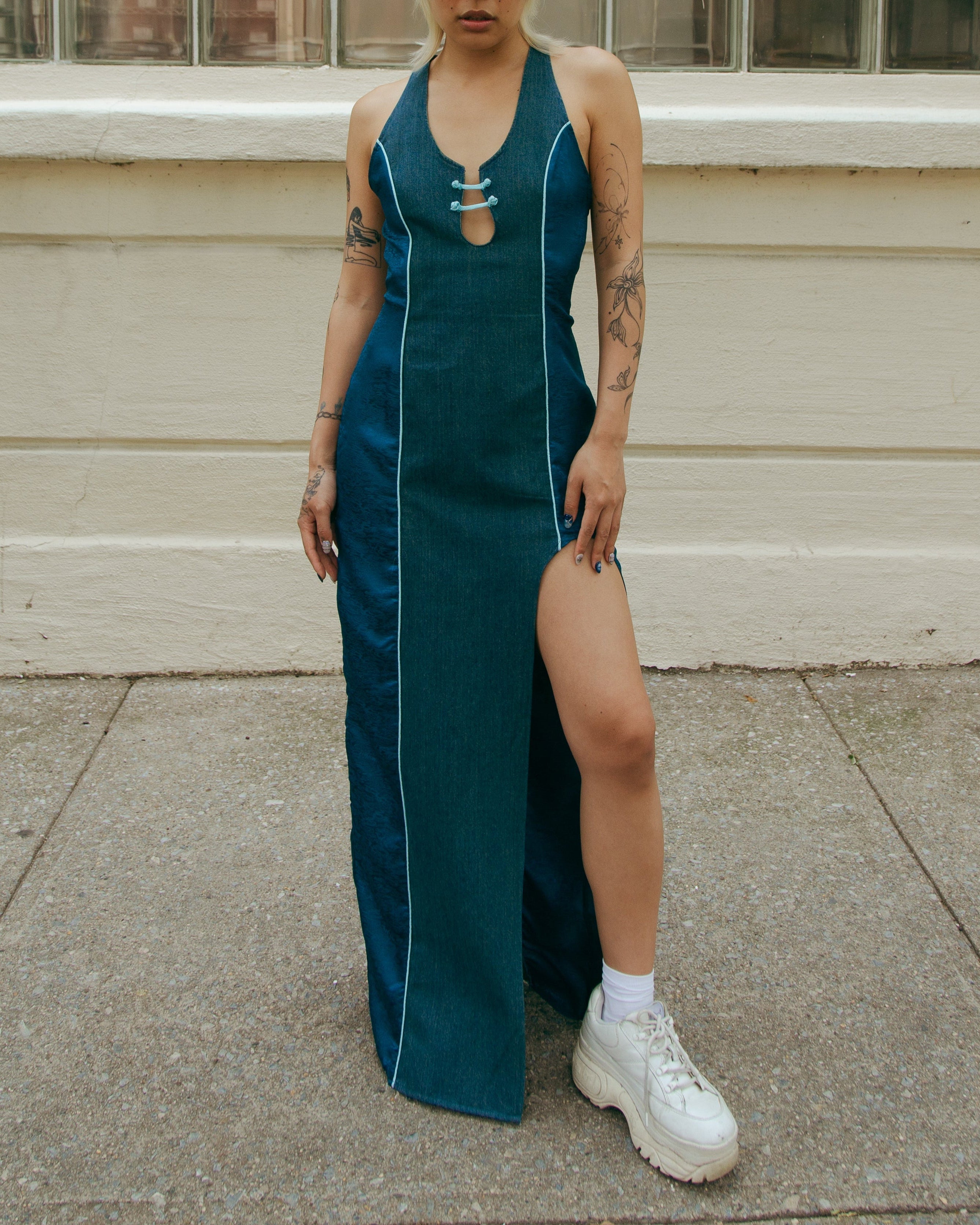 Ru Patch Denim Brocade Maxi Dress Forest Blue by DAWANG
