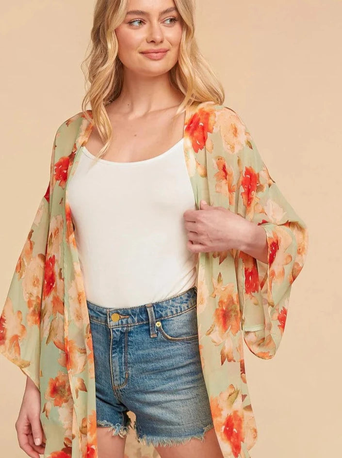 SAGE FLORAL PRINT CHIFFON KIMONO - FINAL SALE by RAËLIV