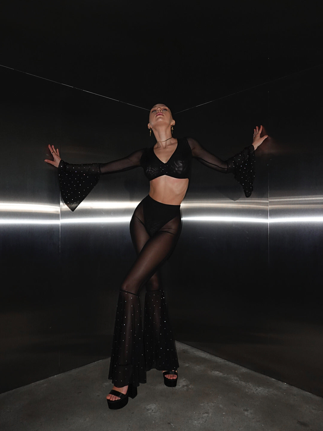 Twilight Sparkle Mesh Crop Top & Flared Pants Set in Black by MERIEL