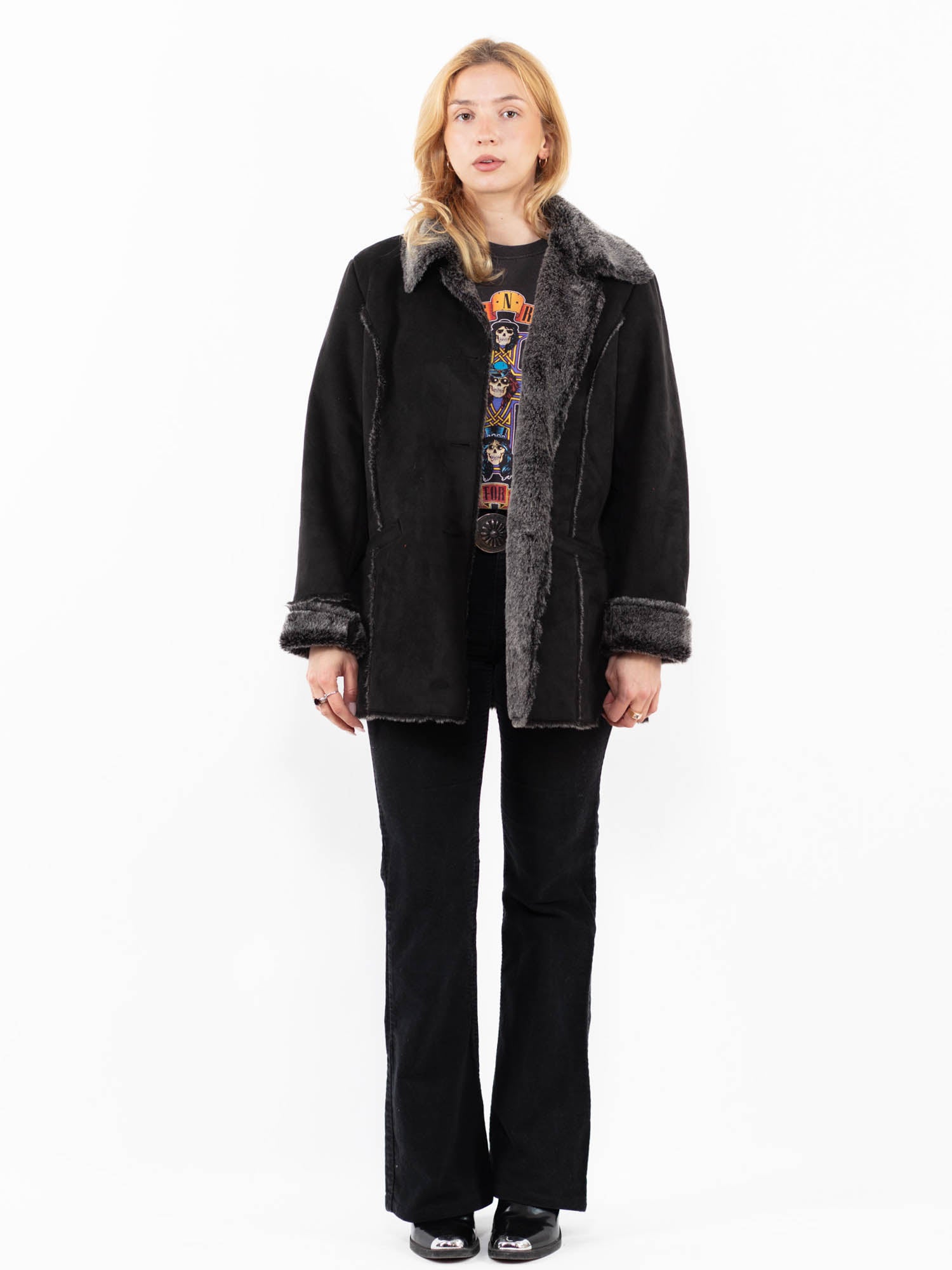 Vintage 00's Women Faux Sheepskin Jacket in Black by Northern Grip