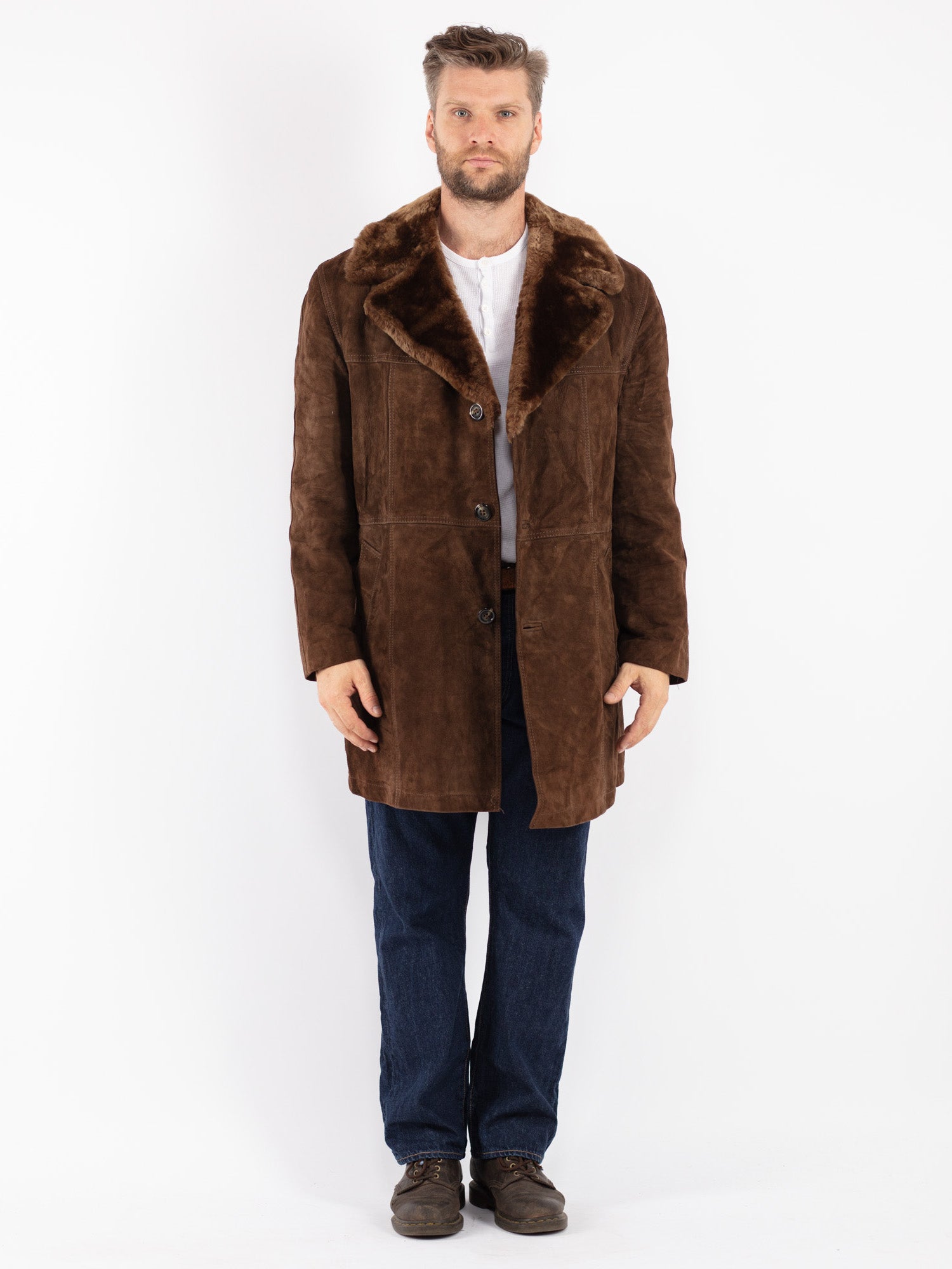 Vintage 70's Men Suede Sherpa Coat in Brown by Northern Grip