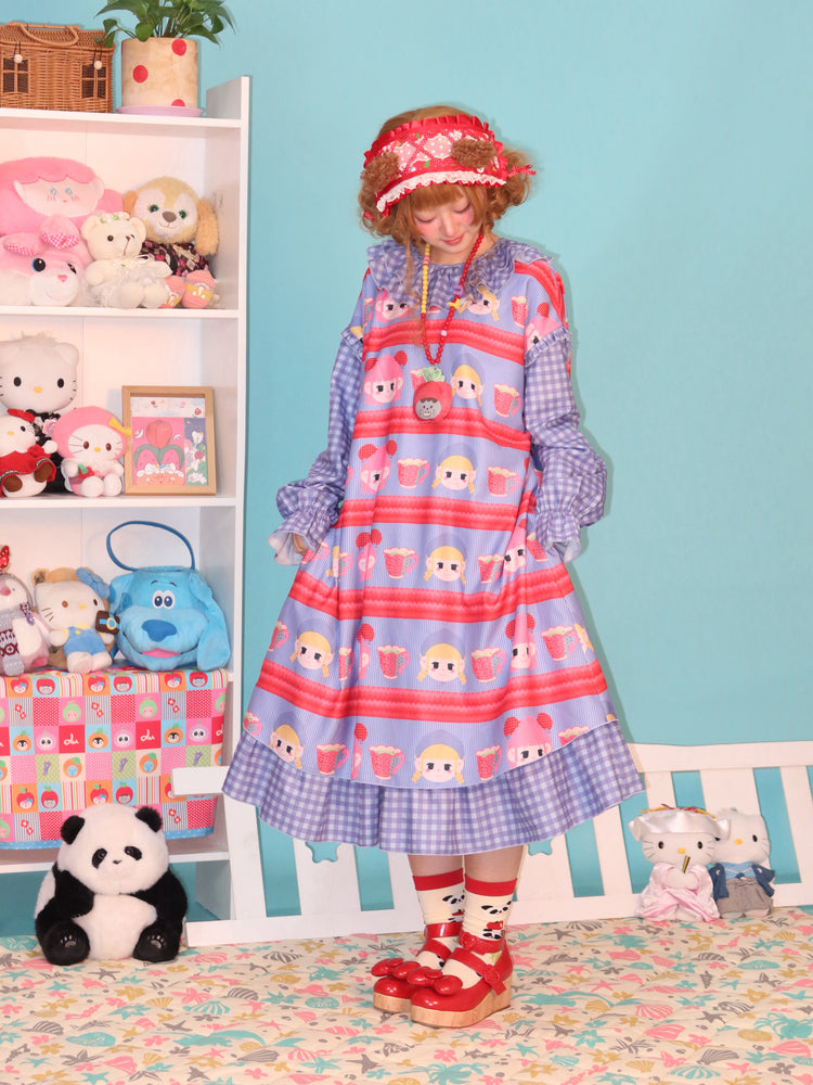 LULULULU Retro Doll Head Print Loose Dress - Japanese Kawaii Ruffled Collar One-piece by Land Decora