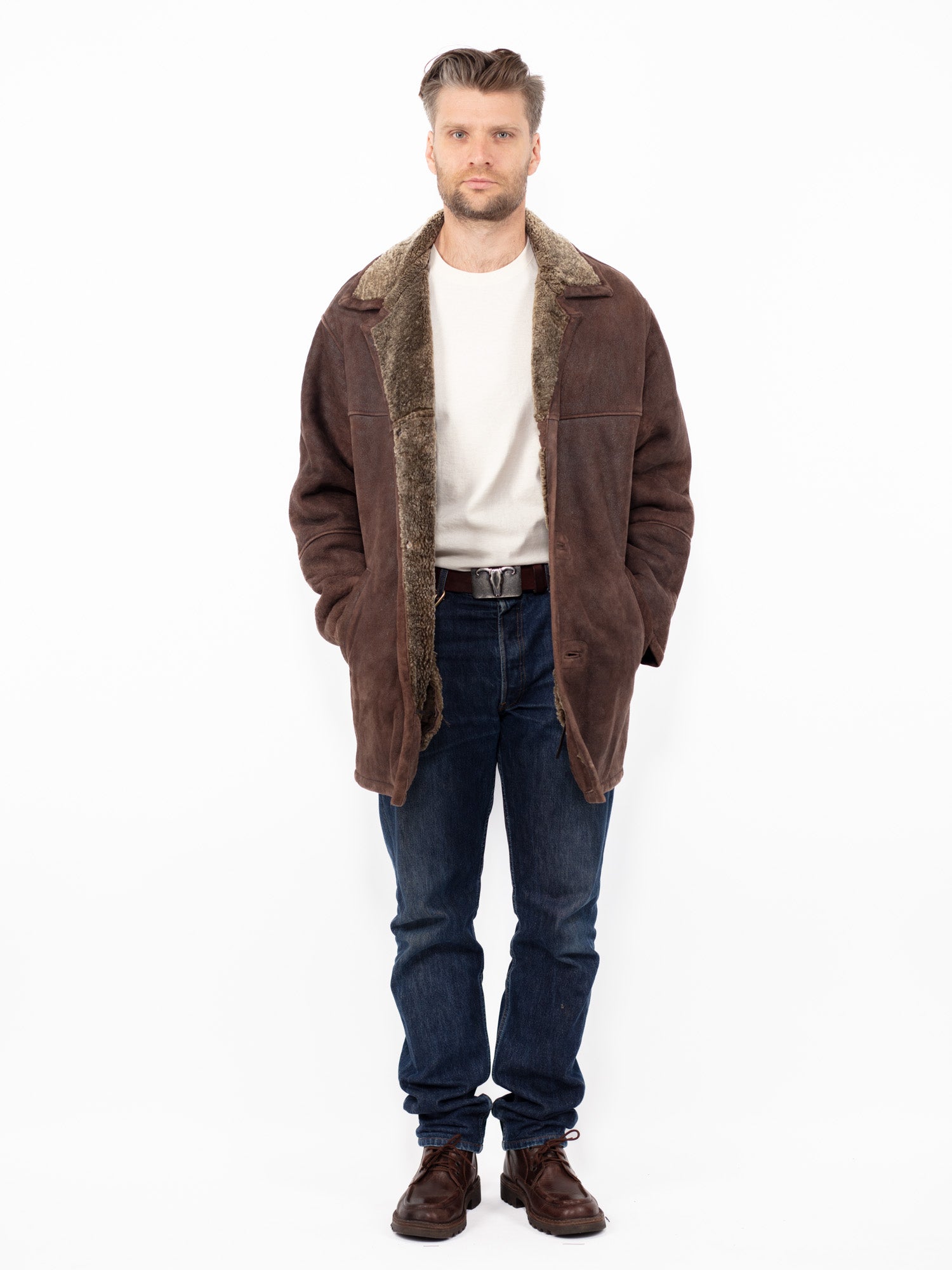 Vintage 90's Men Sheepskin Shearling Coat in Brown by Northern Grip