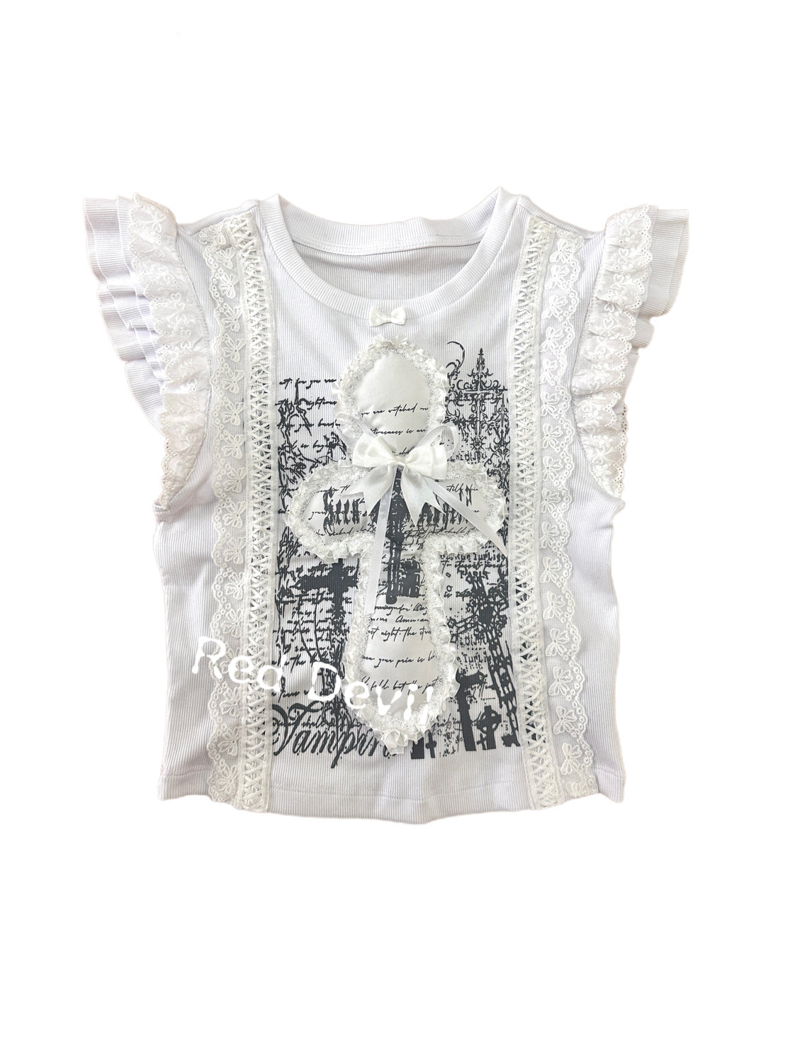 RedDevil Y2K Cross Lace Flutter Sleeve Tank Top Handmade by Land Decora