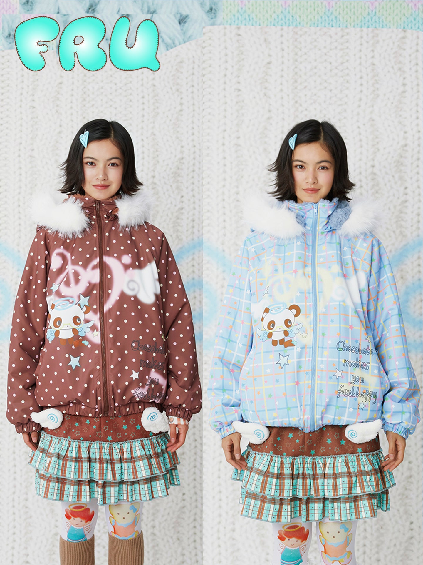 Kawaii Blue Brown Printed Hooded Jacket - Plush-Lined Winter Coat - frufru by Land Decora