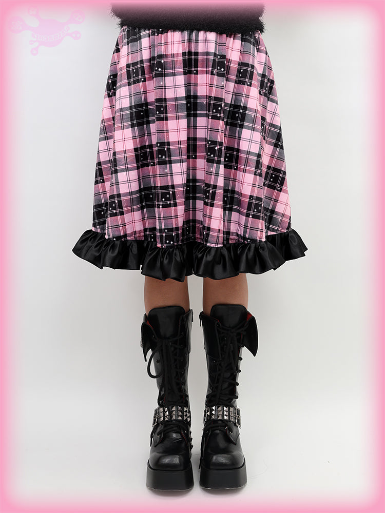 Pink Gothic Star Plaid Flared Skirt | Nihon Kids by Land Decora