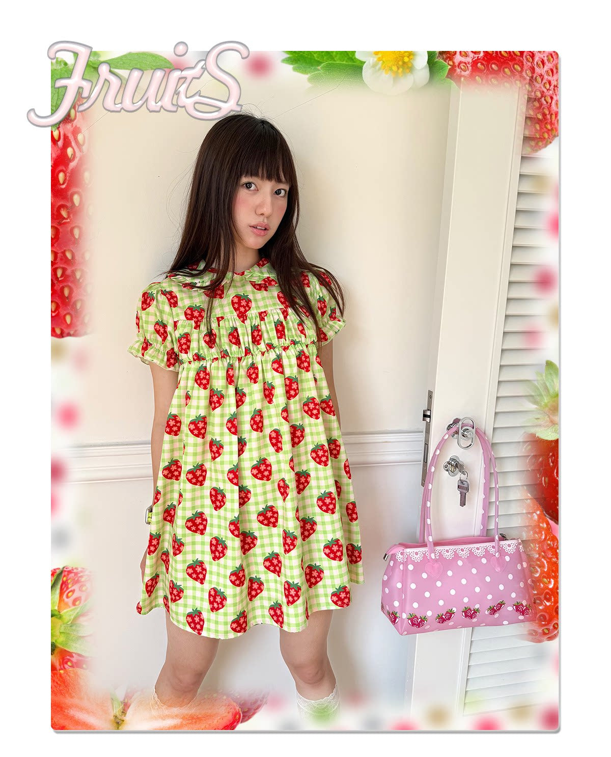 Strawberry Plaid Doll Collar Dress | Kawaii Japanese Girly Fashion by Land Decora