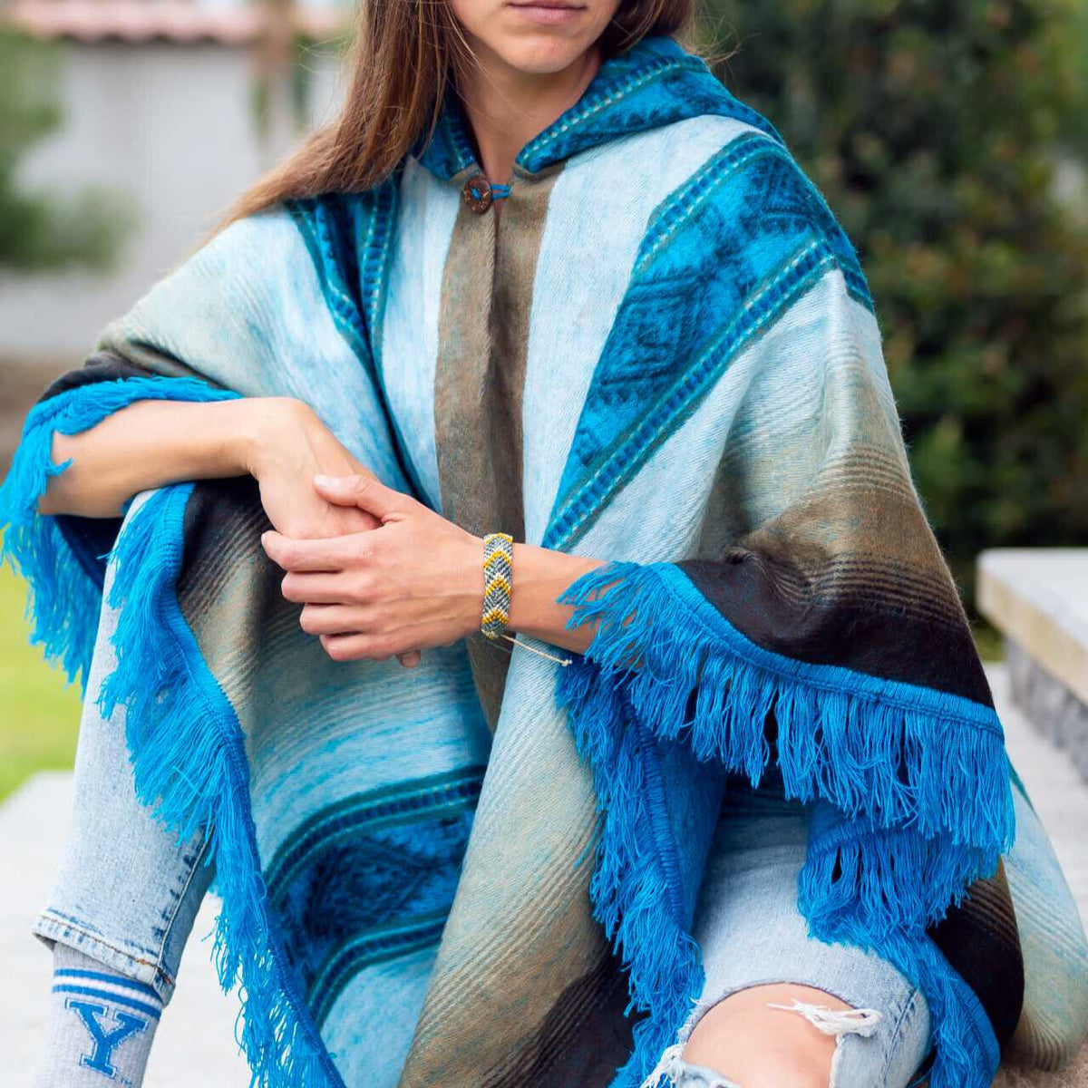 Lightweight Baby Alpaca Wool Fringed Hooded Poncho Pullover - Beige/Blue - Unisex by ECUALAMA
