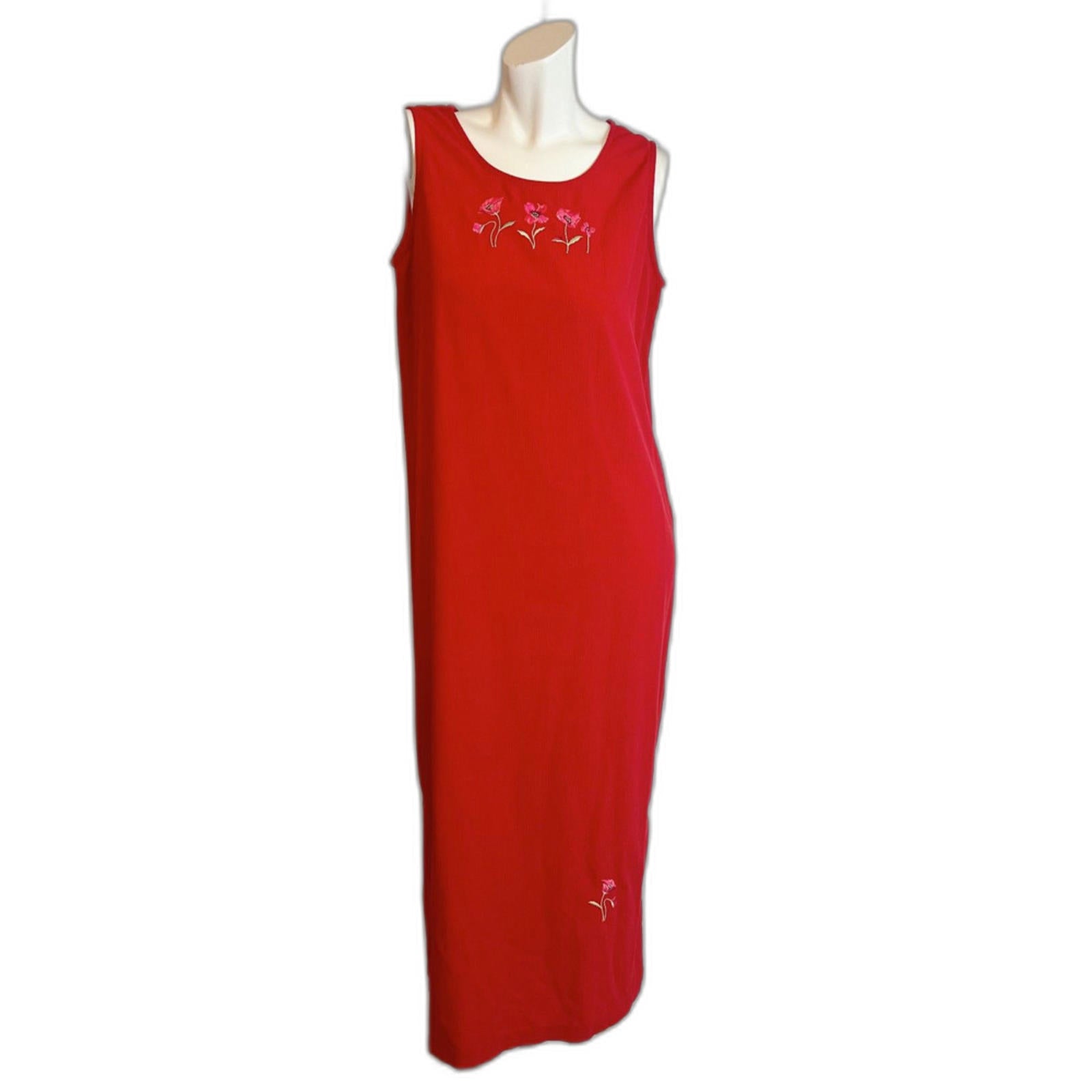 90s Vintage Teddi Red Column Maxi Dress Flower Embroidered Women's Siz by Hot Girl Secondhand