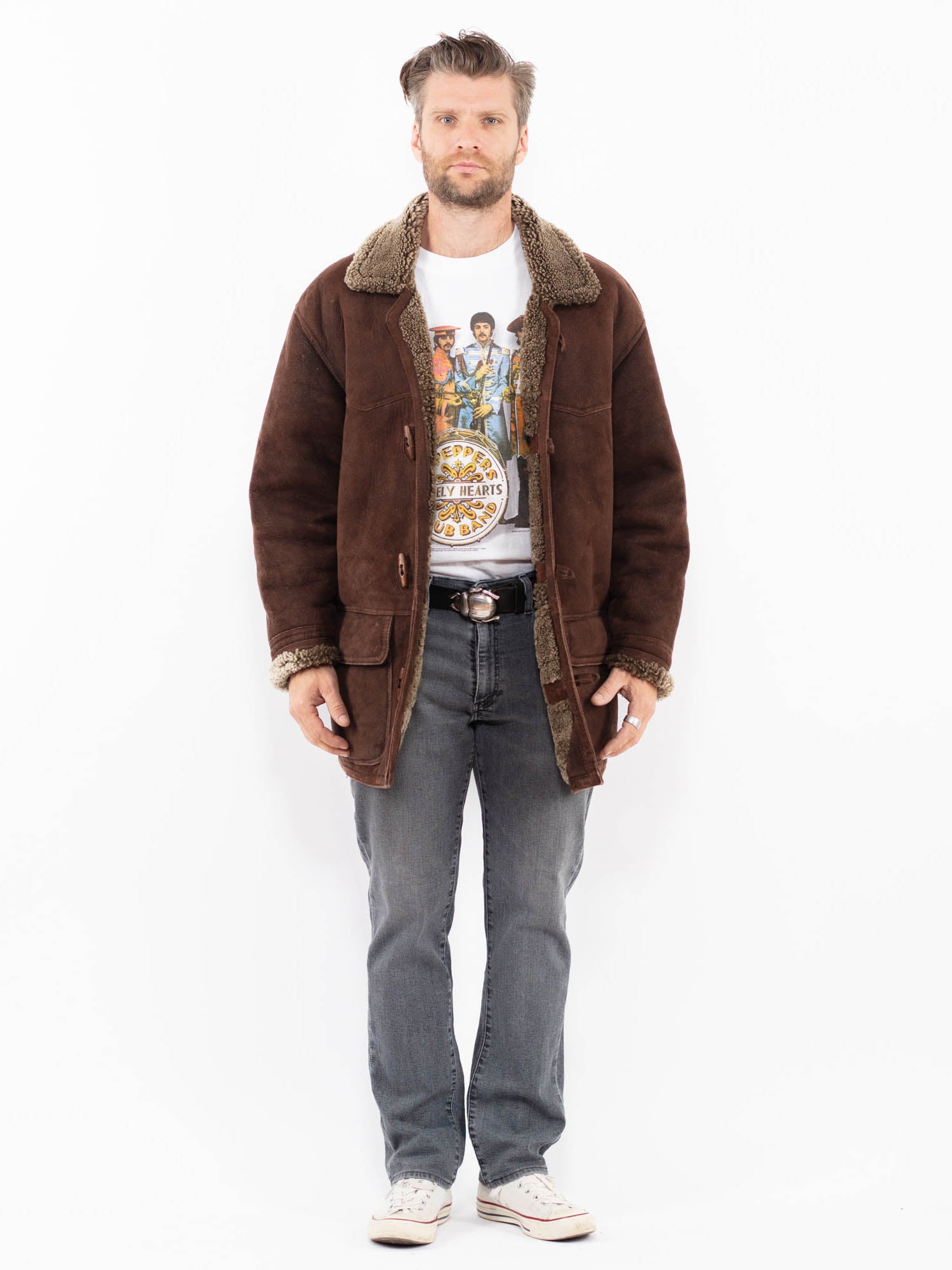 Vintage 80's Men Sheepskin Coat in Brown by Northern Grip