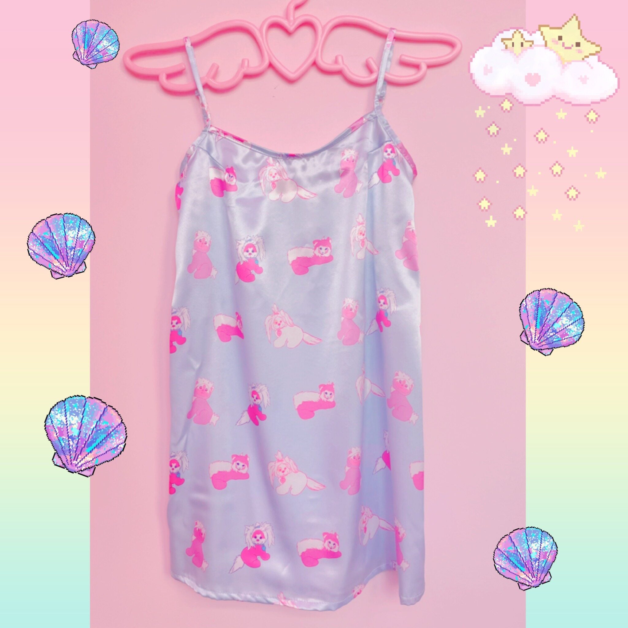 Kawaii Doll Print Satin Slip Dress - Plastic Candy by Land Decora