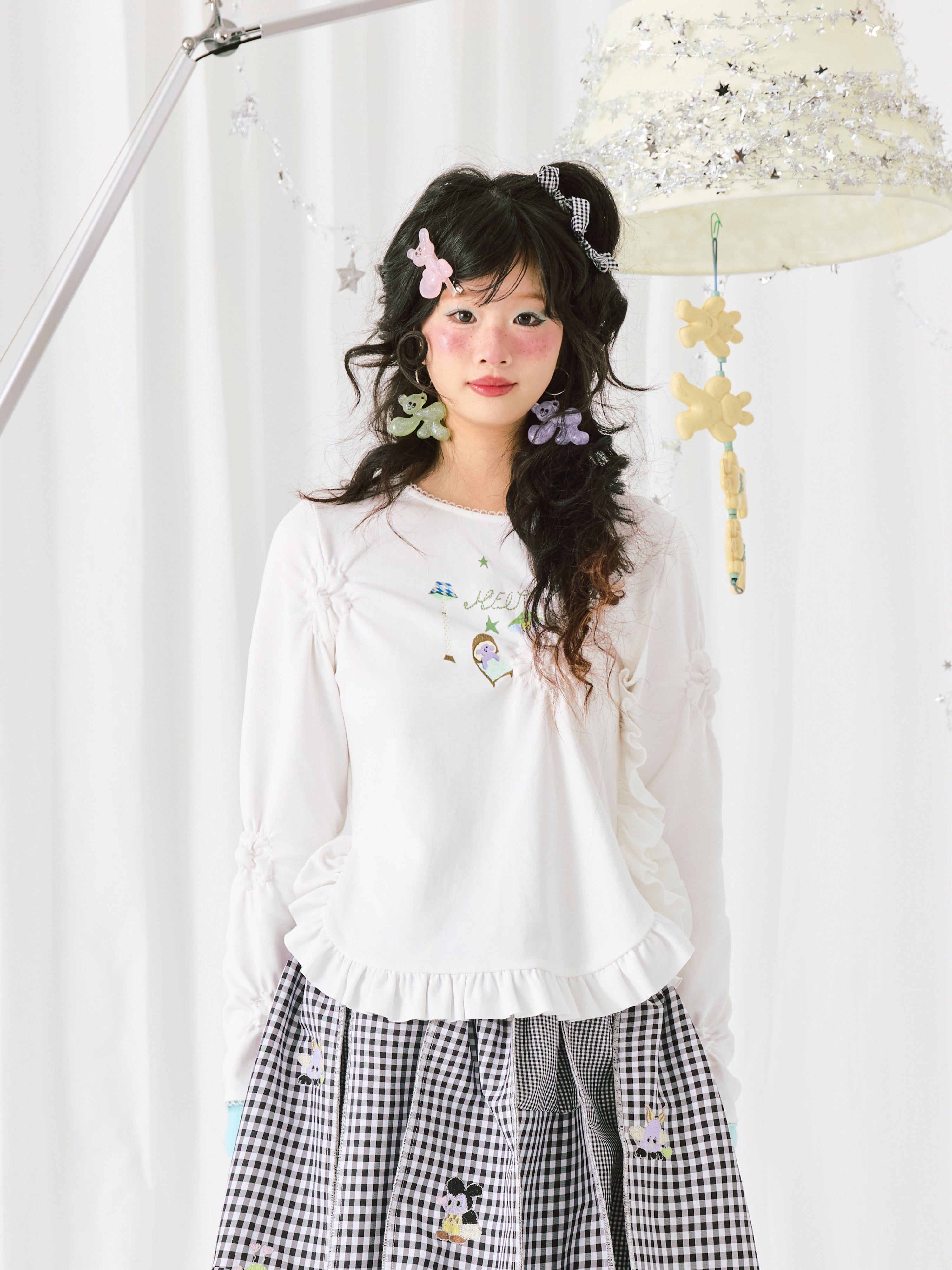 Harajuku T-shirt White Cotton Ruffled Lace Colorful Graffiti Print Long Sleeve T-Shirt - HELPHELP by Land Decora