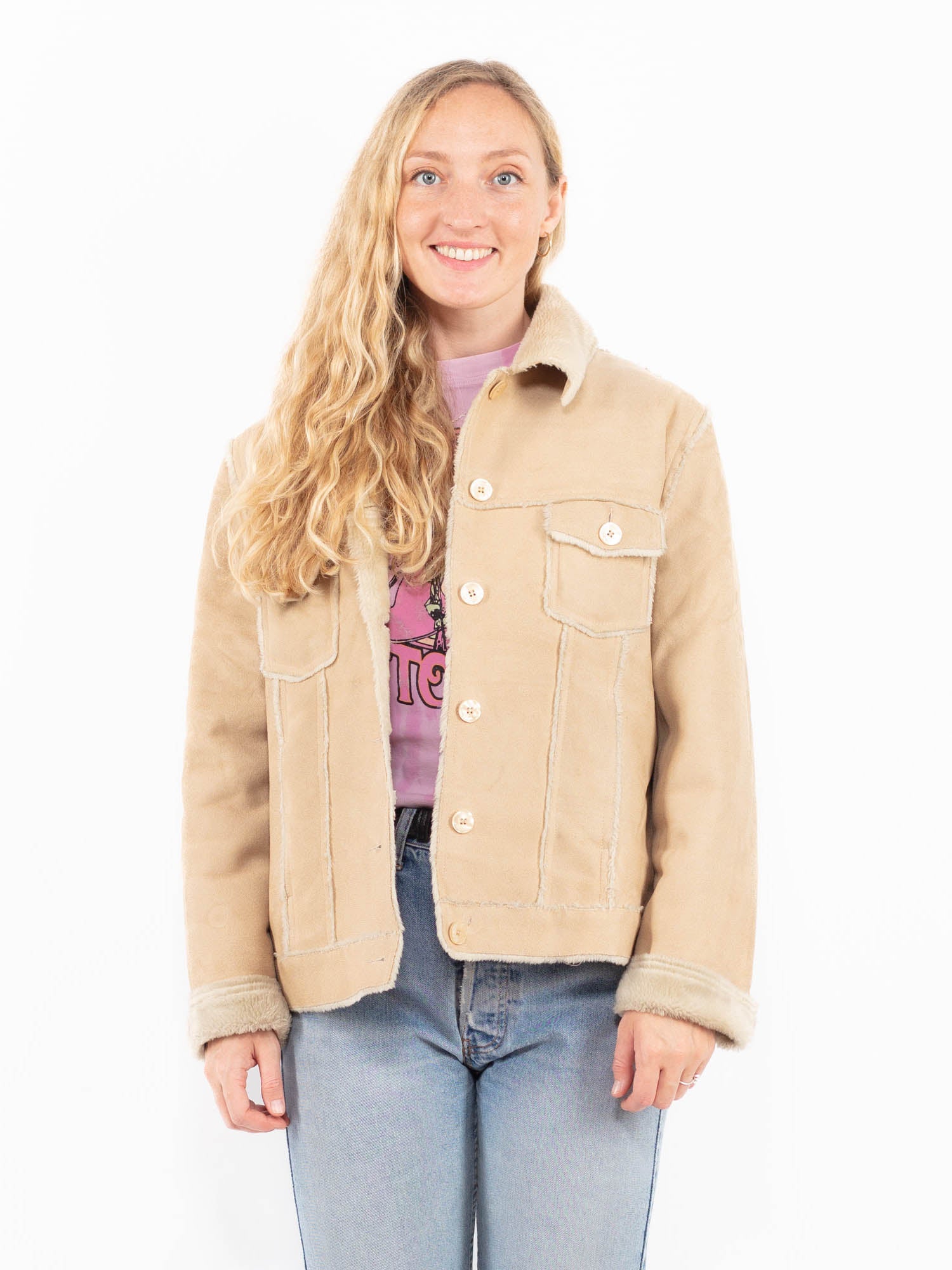 Vintage 90's Women Faux Sheepskin Jacket in Beige by Northern Grip