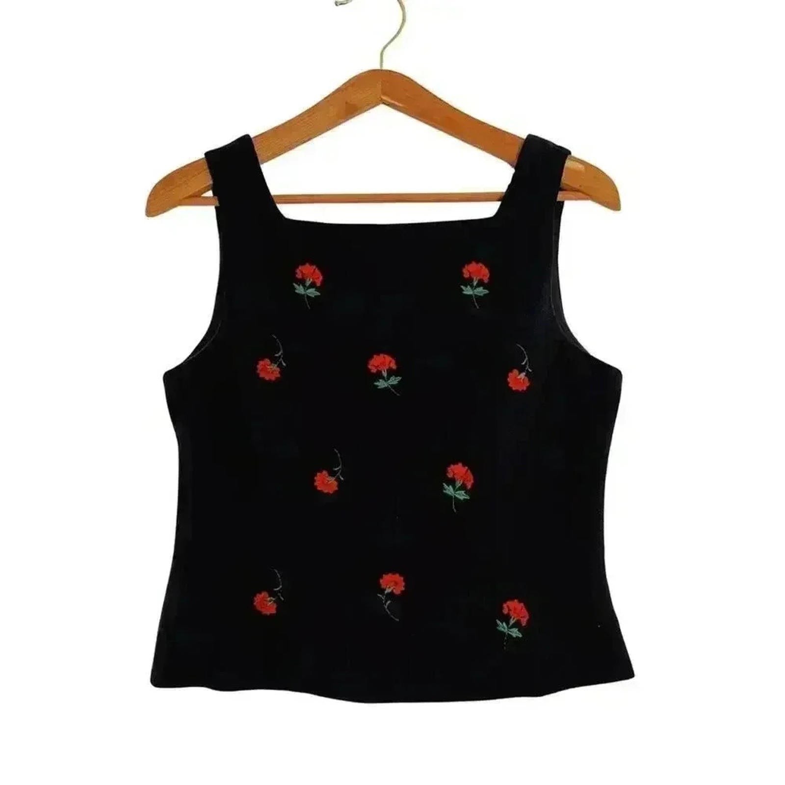 Vintage 90s Jessica Howard Black Red Embroidered Flowers Tank Women's by Hot Girl Secondhand