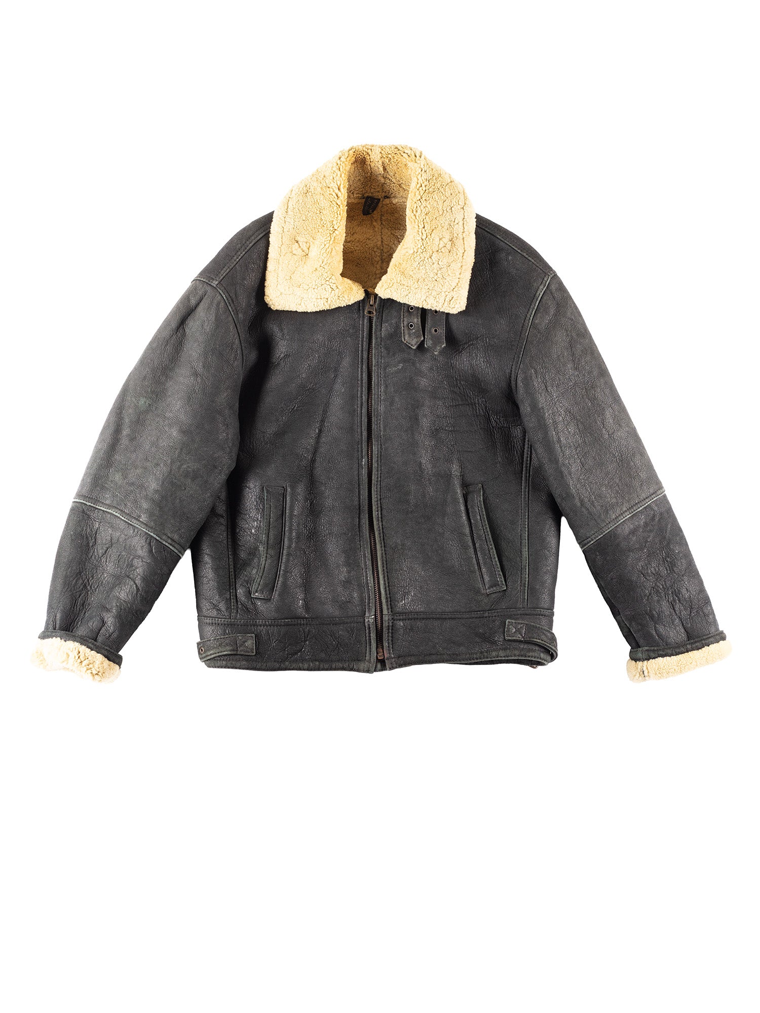 Vintage 80's Men B-3 Sheepskin Bomber Jacket in Black by Northern Grip