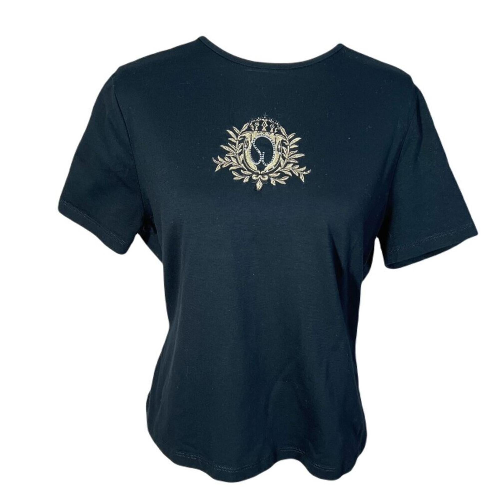 St. John y2k Vintage Black T Shirt Gold Embellished Front Rhinestones by Hot Girl Secondhand