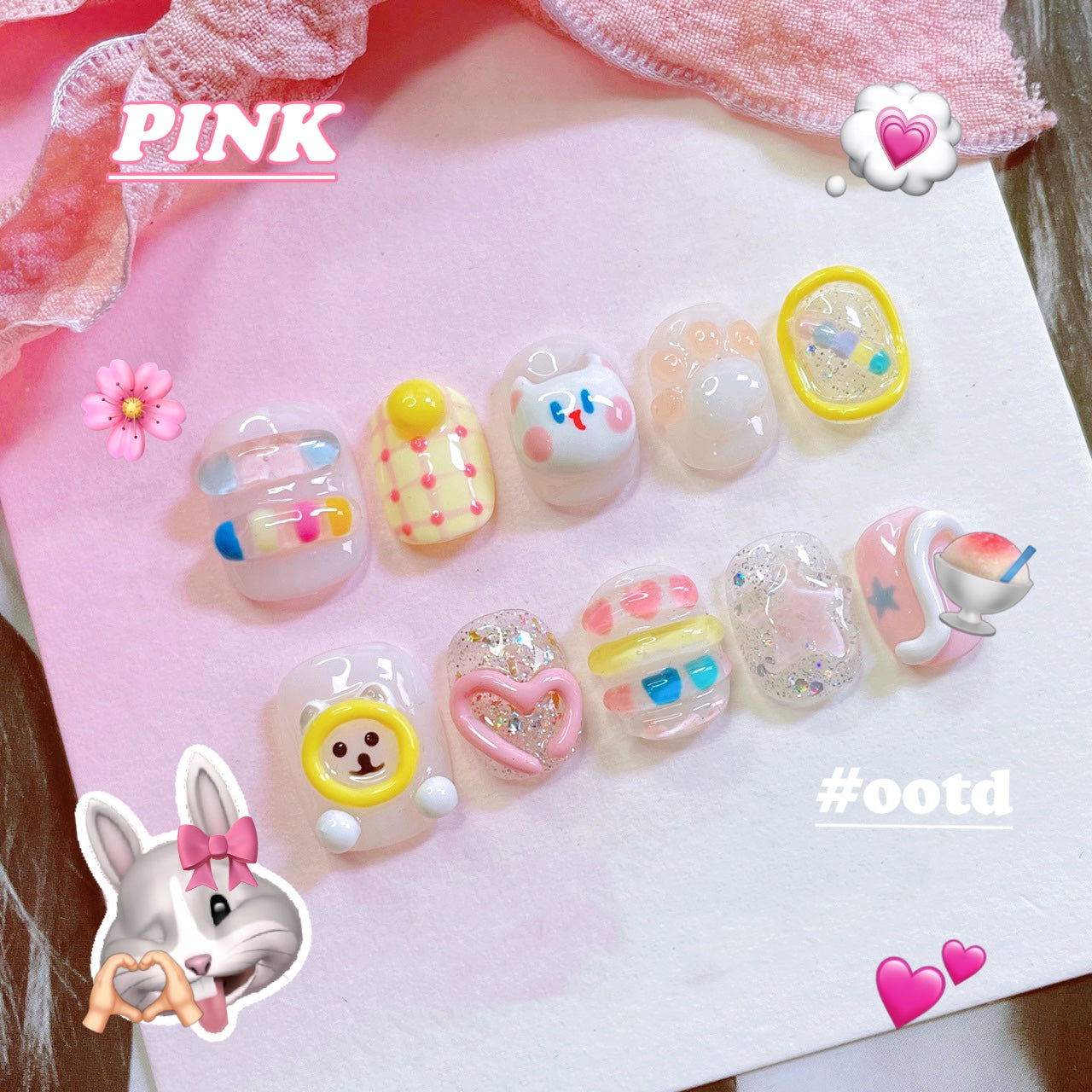 PUPPY Cute Kitten Handmade Wearable Nail Set Summer Fresh Nails by Land Decora