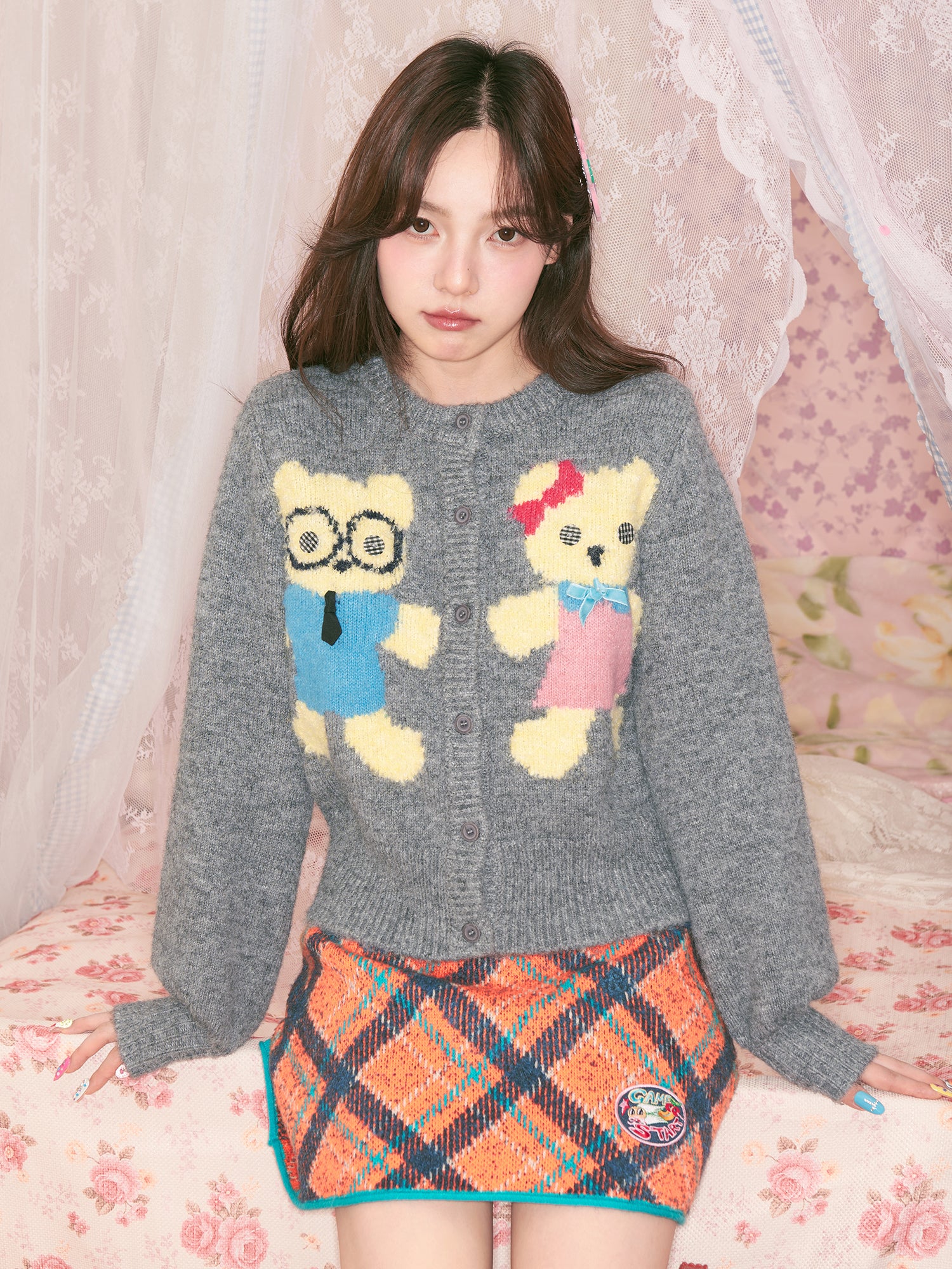 Beige & Charcoal Teddy Plush Knit Cardigan - tntntutu Kawaii Outerwear by Land Decora