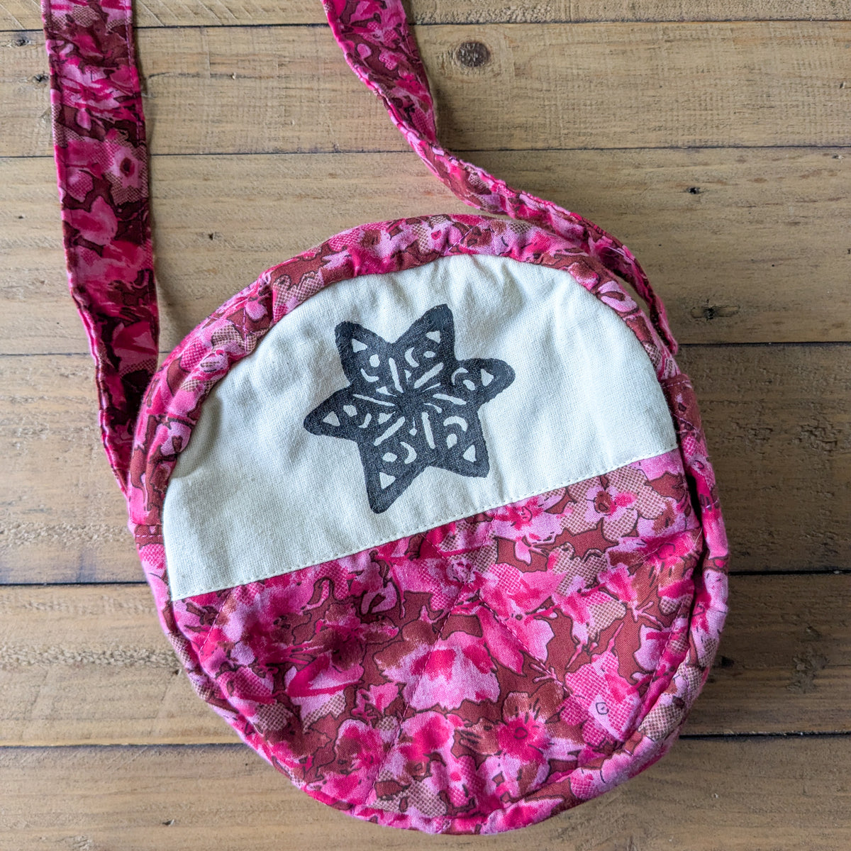 Round upcycled sari shoulder bag by Shakti.ism