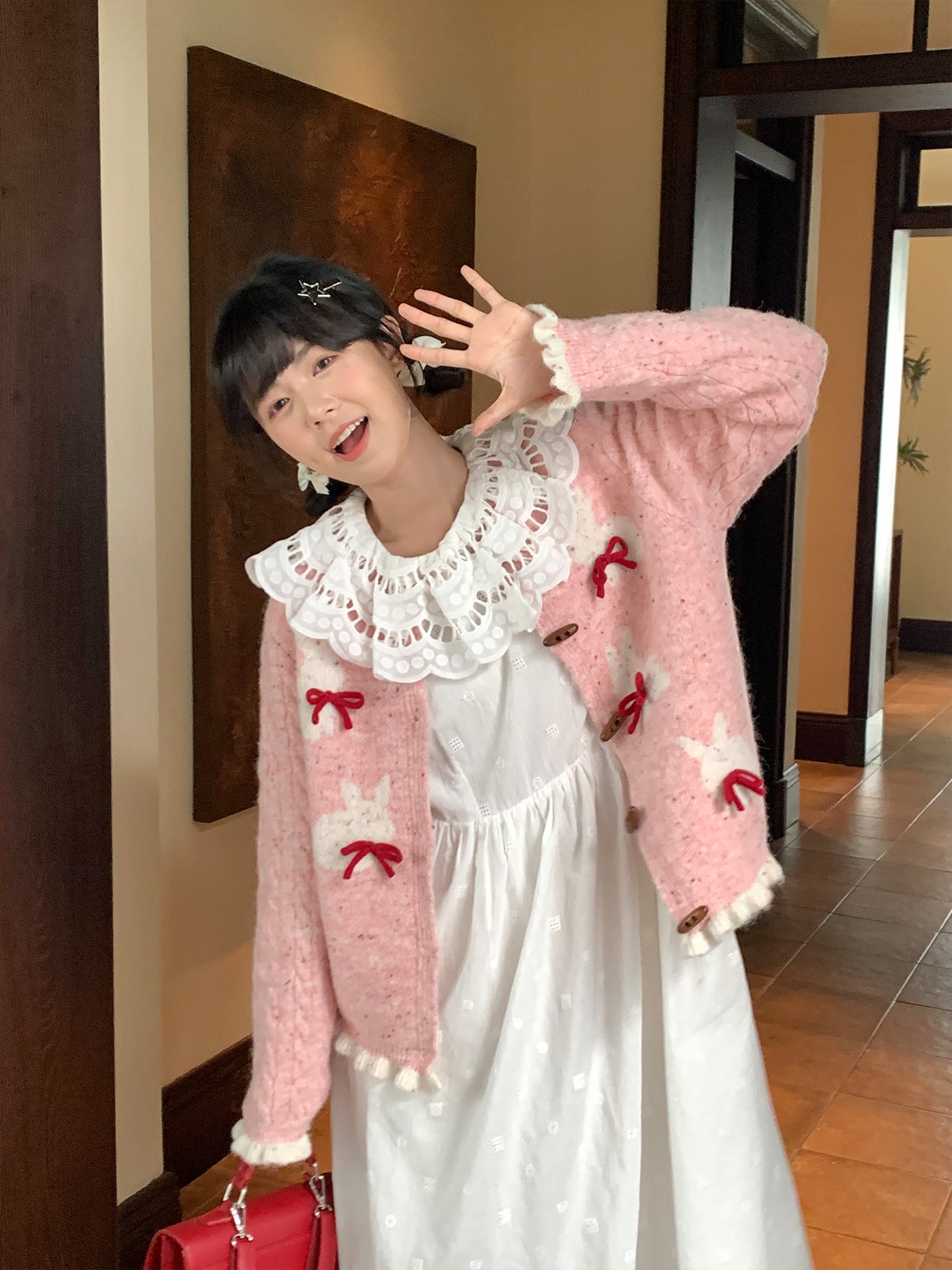 Kawaii Pink Bunny Knit Cardigan - Bow & Cable Sleeve Design - Mameya by Land Decora